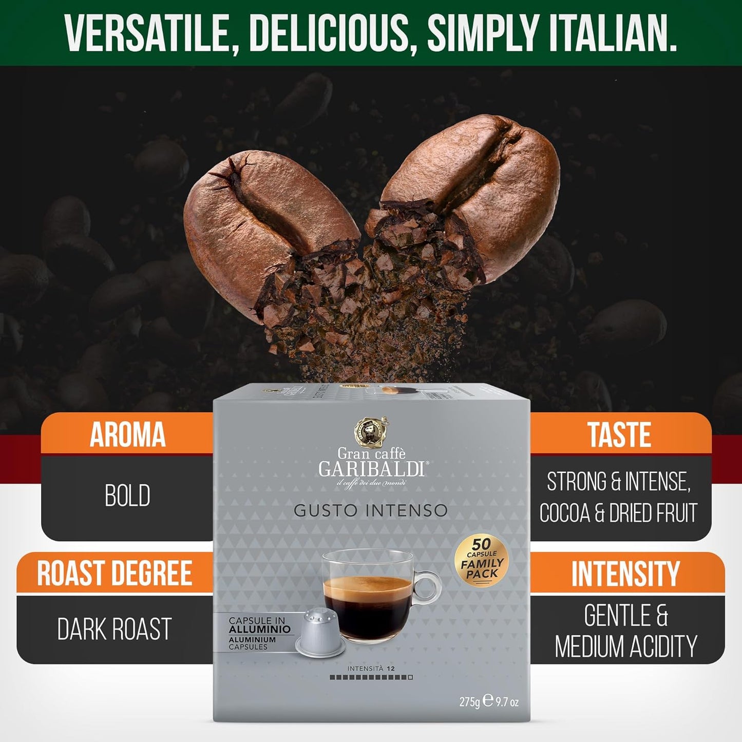 Gran Caffè Garibaldi Espresso Pods, Italian Roasted Coffee, Compatible Nespresso Original Line Machines, Nitrogen Flushed, Strong & Intense, Cocoa & Dried Fruit, Dark Roast - Gusto Intenso (Aluminum) 50 Cups