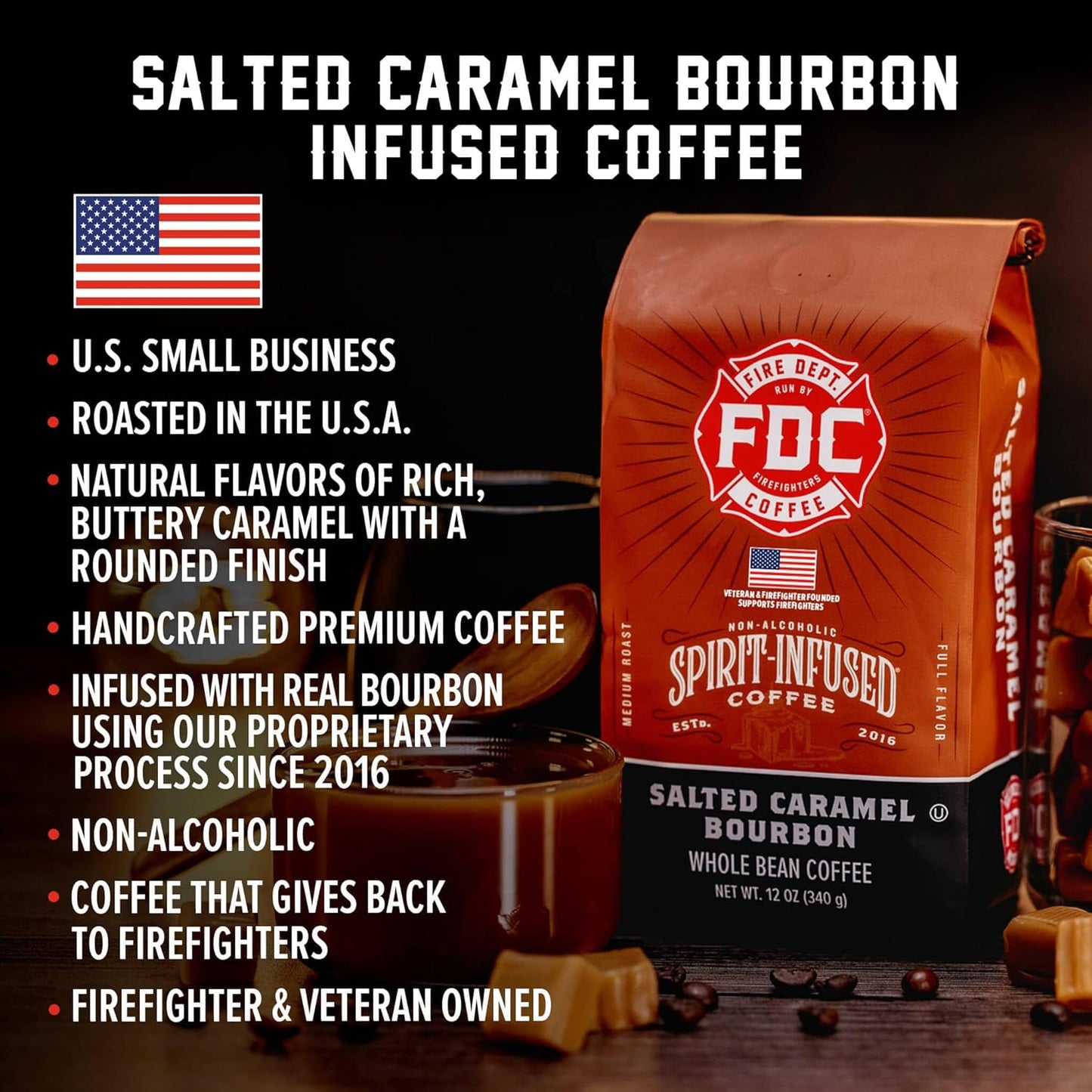 Fire Department Coffee - Salted Caramel Bourbon Coffee Beans - Gives Back to Firefighters - Premium Bourbon Infused - Whole Bean - Non-Alcoholic - Roasted in the USA - Veteran Owned (12 oz, Pack of 2)