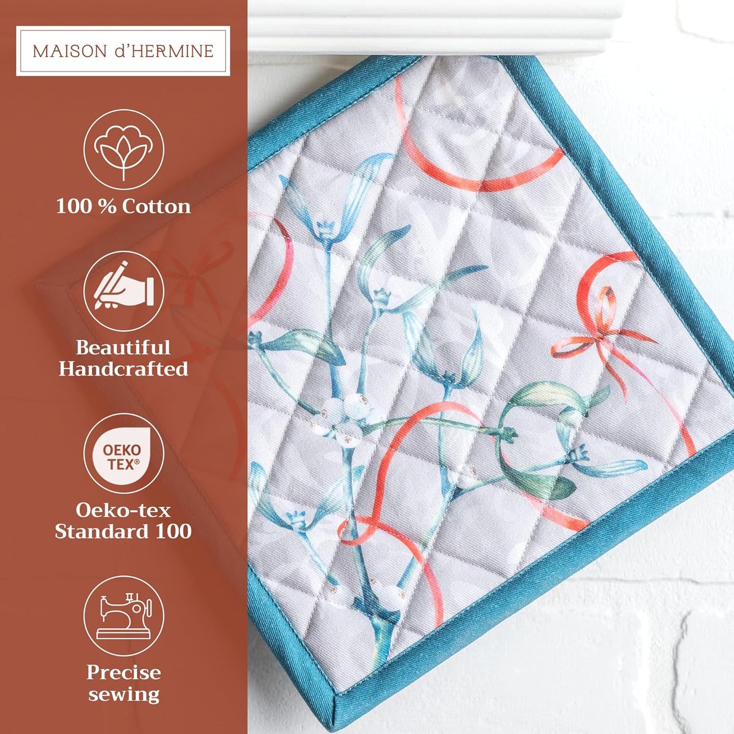 Maison d' Hermine Pot Holders Set 100% Cotton Heat Resistant Potholders 8" x 8" Hot Pads with Loop BBQ, Cooking, Baking, Grilling, Kitchen, Handling Hot Pans (Pack of 1, Enora)