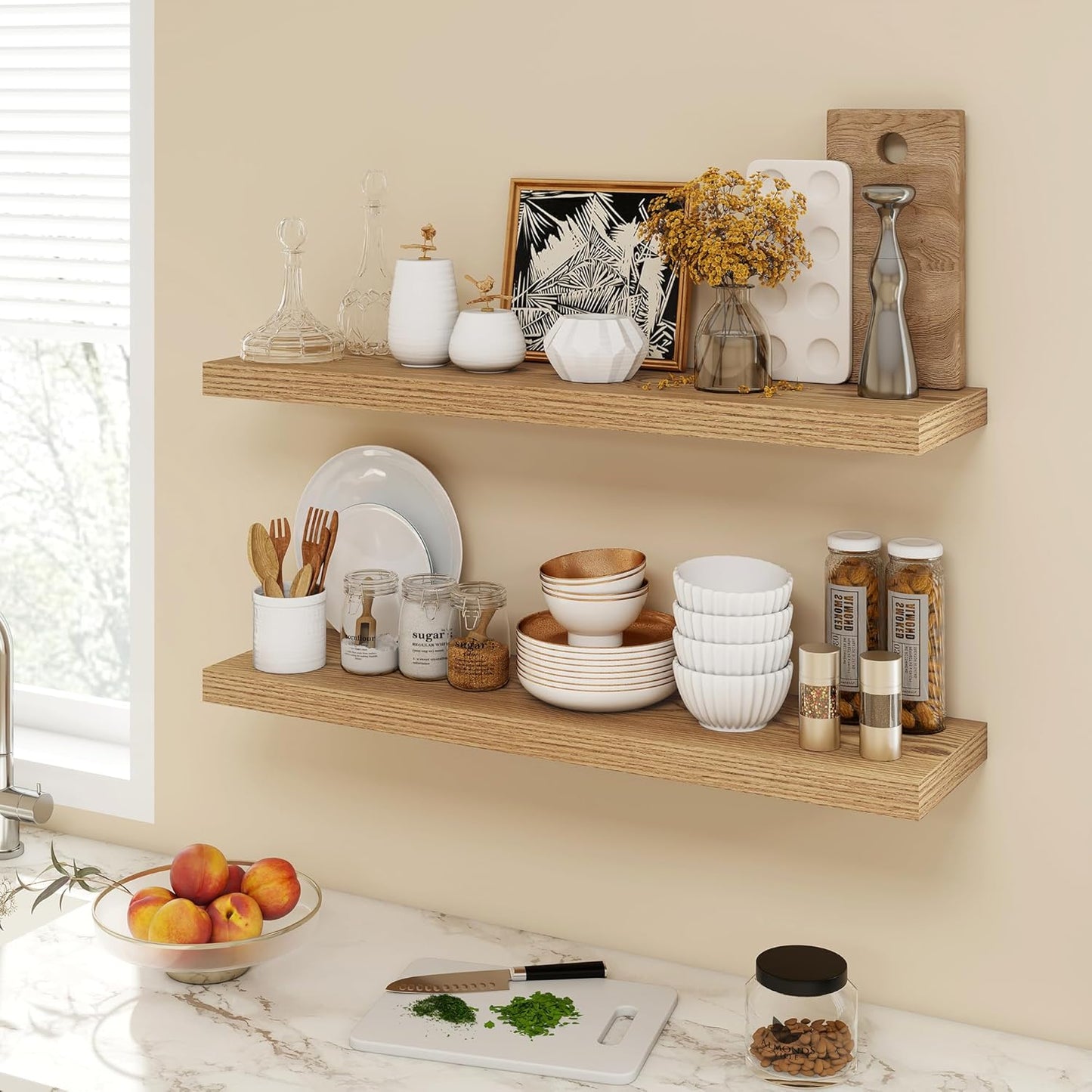 36 Inch Floating Shelves, 9.3" Deep Floating Shelf Wall Mounted, 36" Wall Shelves, Rustic Deep Bookshelf, Large Display Shelves & Storage Shelves for Bedroom, Living Room, Light Brown, Set of 2