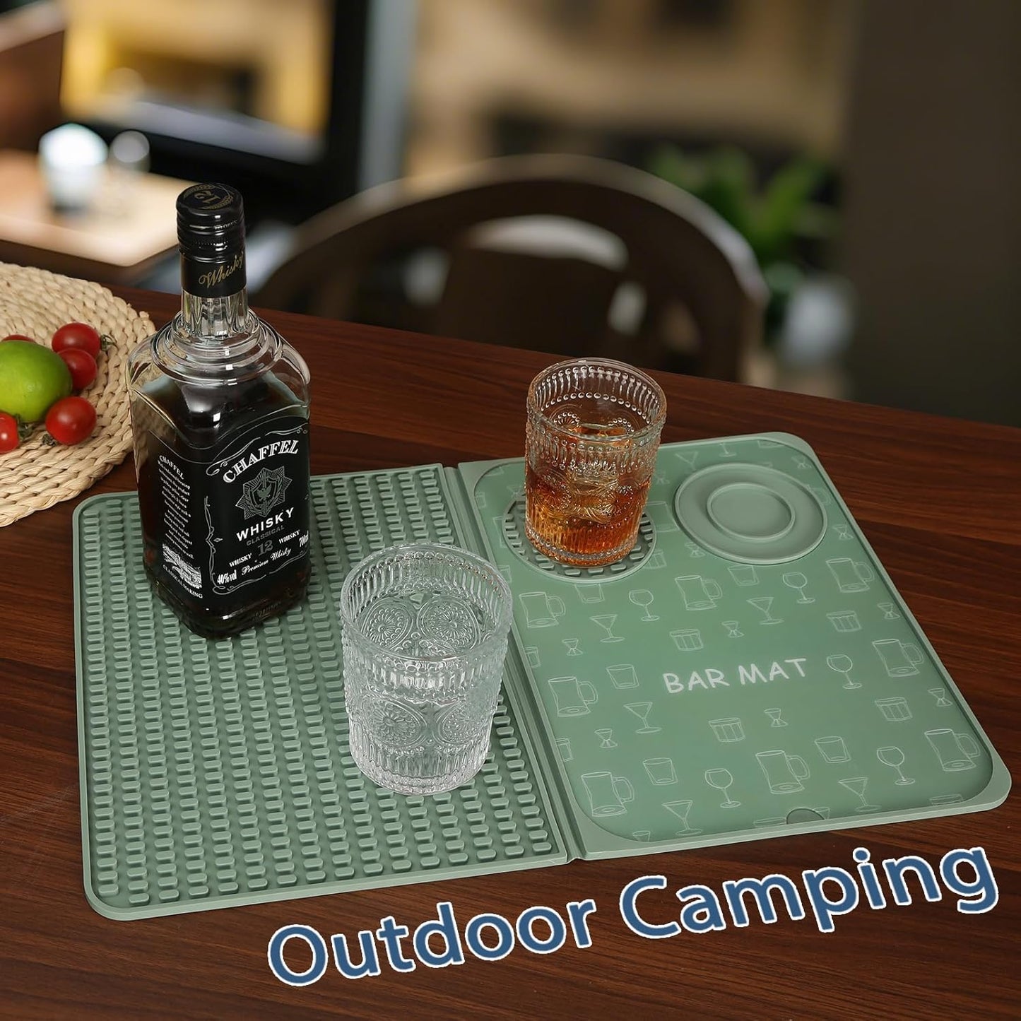 Foldable Bar Mat 18x12 inch - 3-in-1 Silicone Drying Mat with Removable Cutting Board & Rim Tray | Countertop Protector for Home, Outdoor, Travel | Professional Cocktail Accessories (green)