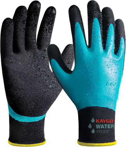 KAYGO Waterproof Work Gloves for Men and Women, Rubber Coated Non-slip Working Gloves for Garden, Outdoor Construction,KG150,Blue,L
