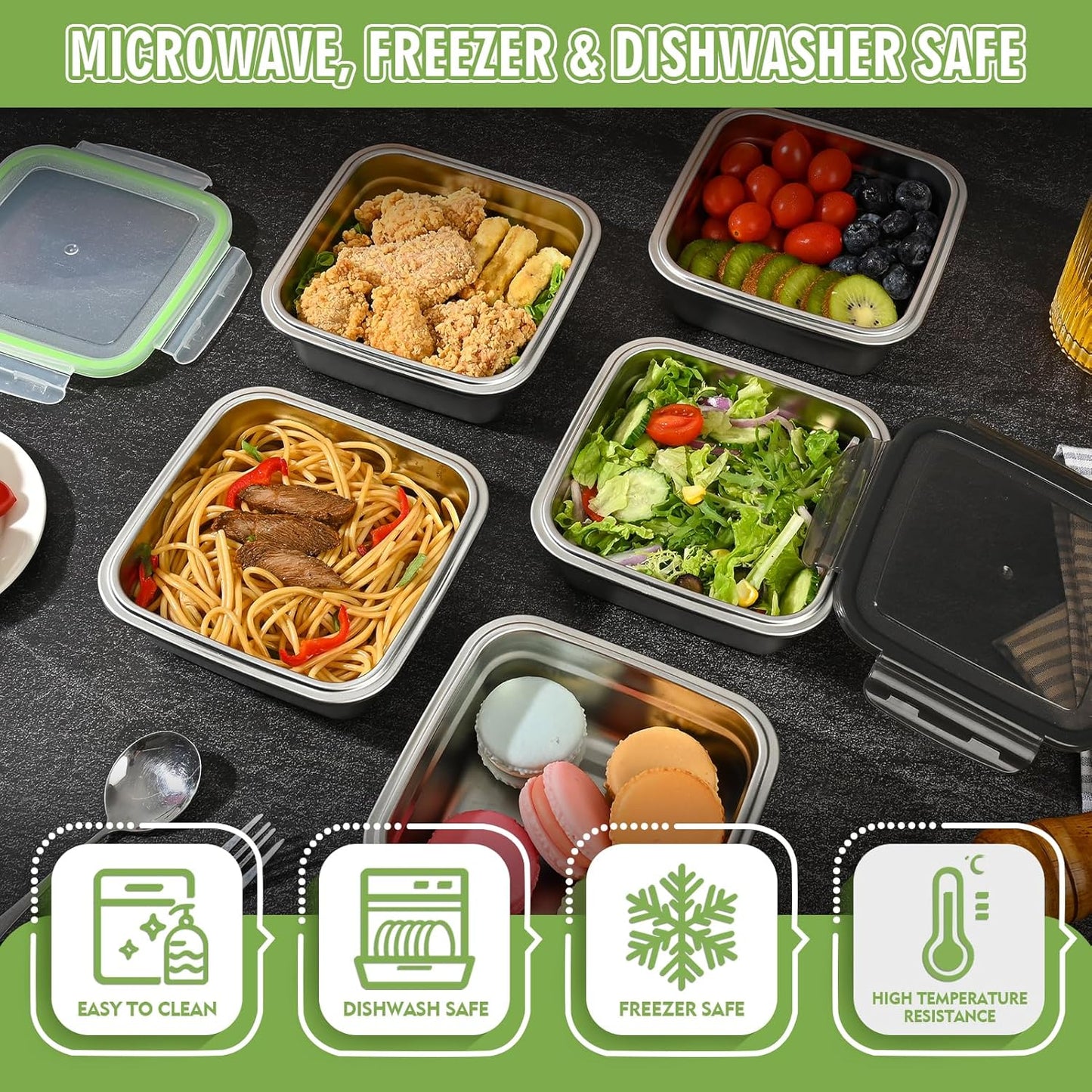 3 Pack Sandwich Containers, 24oz Stainless Steel Sandwich Box with Airtight Lids, Reusable Metal Meal Prep Lunch Boxes, BPA-Free, Dishwasher Safe, Food Storage Containers for Families (Black)