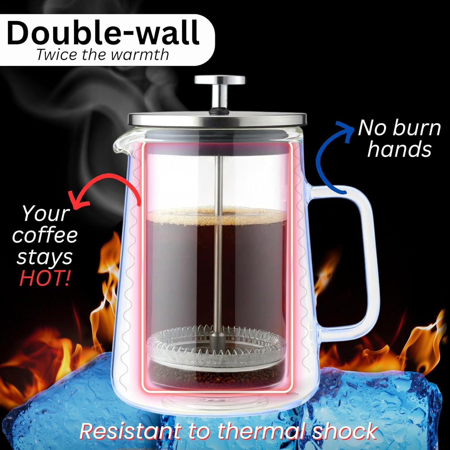 French Press Coffee & Tea Maker, 20 Ounce (500ml) – Thickened Double Wall Borosilicate Glass, 2-Cup, BPA Free, Small Coffee Press for Home, Office, Dorm, Gifts