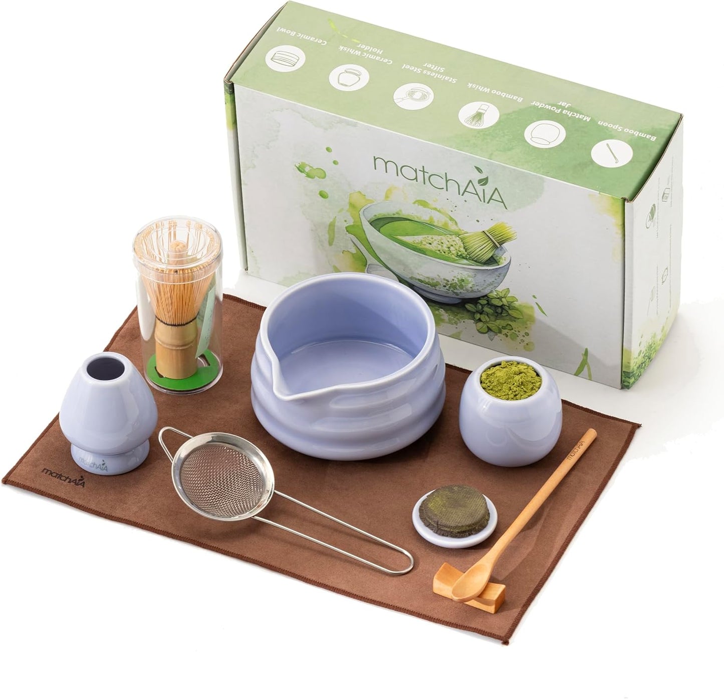 Matcha Whisk Set 8 Pcs - Ceramic Bowl, Bamboo Whisk with Holder, Canister, Sifter, Schima Spoon, Spoon Rest and Tea Towel, Complete Kit for Traditional Matcha and Modern Lattes (Purple)