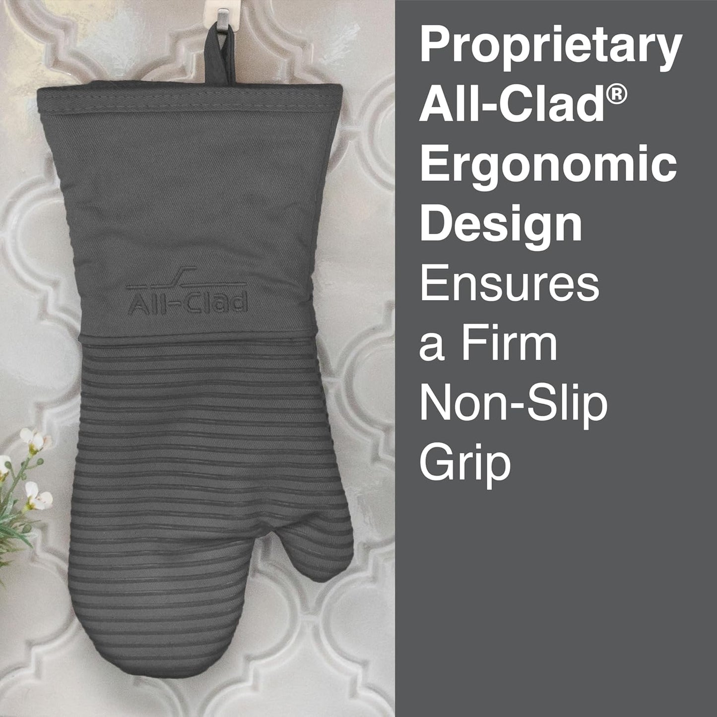 All Clad Silicone Oven Mitt: Heat Resistant up to 500 Degrees - 100% Cotton & Silicone, 14"x7" Oven Mitt for Kitchen and Barbeque, 1-Pack, Pewter