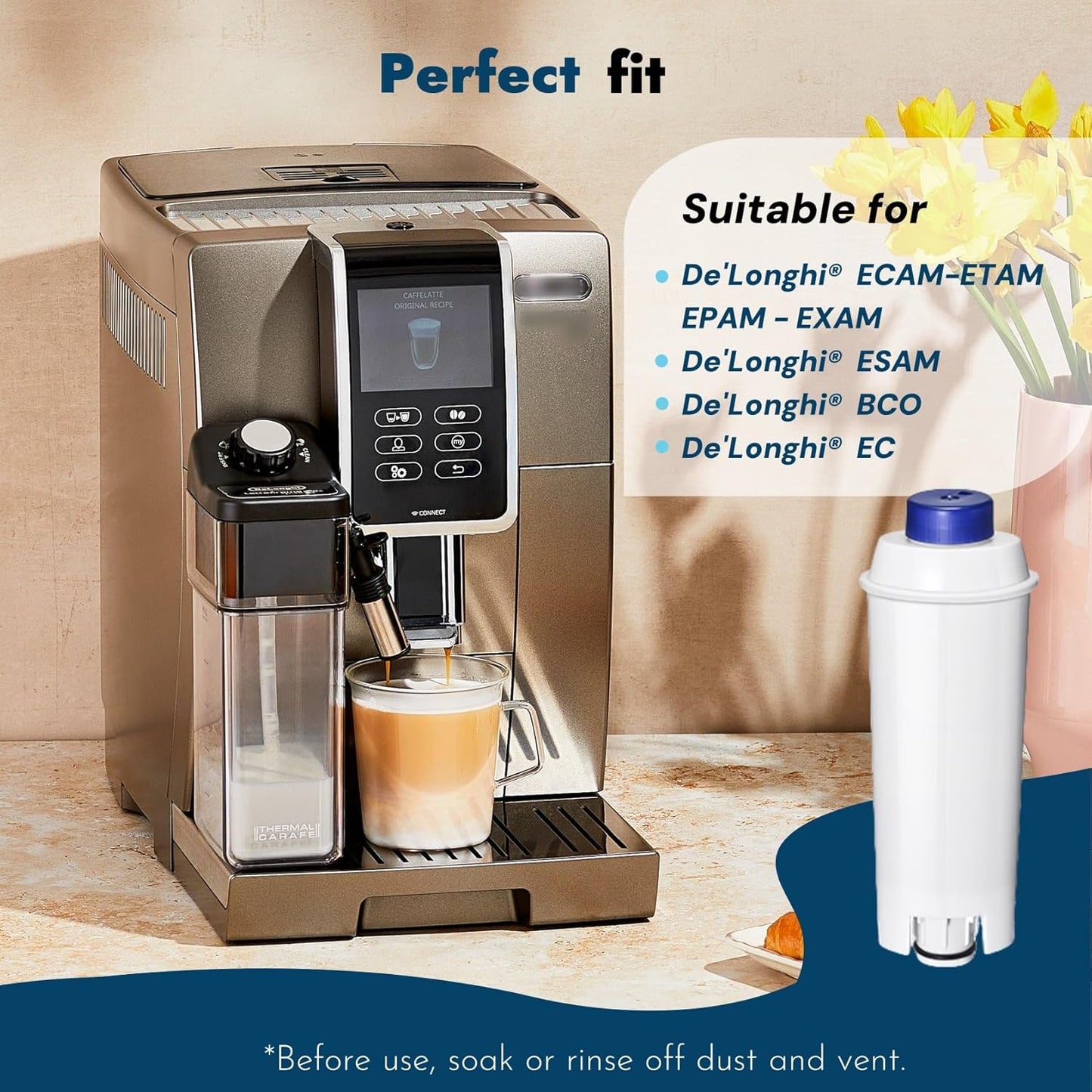 Coffee Machine Fitler, Delonghi Filter Replacement for DeLonghi DLSC002, Delonghi Magnifica Evo, Dinamica Plus, ESAM, ETAM, BCO, EC. Activated Carbon Water Filter Cartridges Softener (12 Pcs)