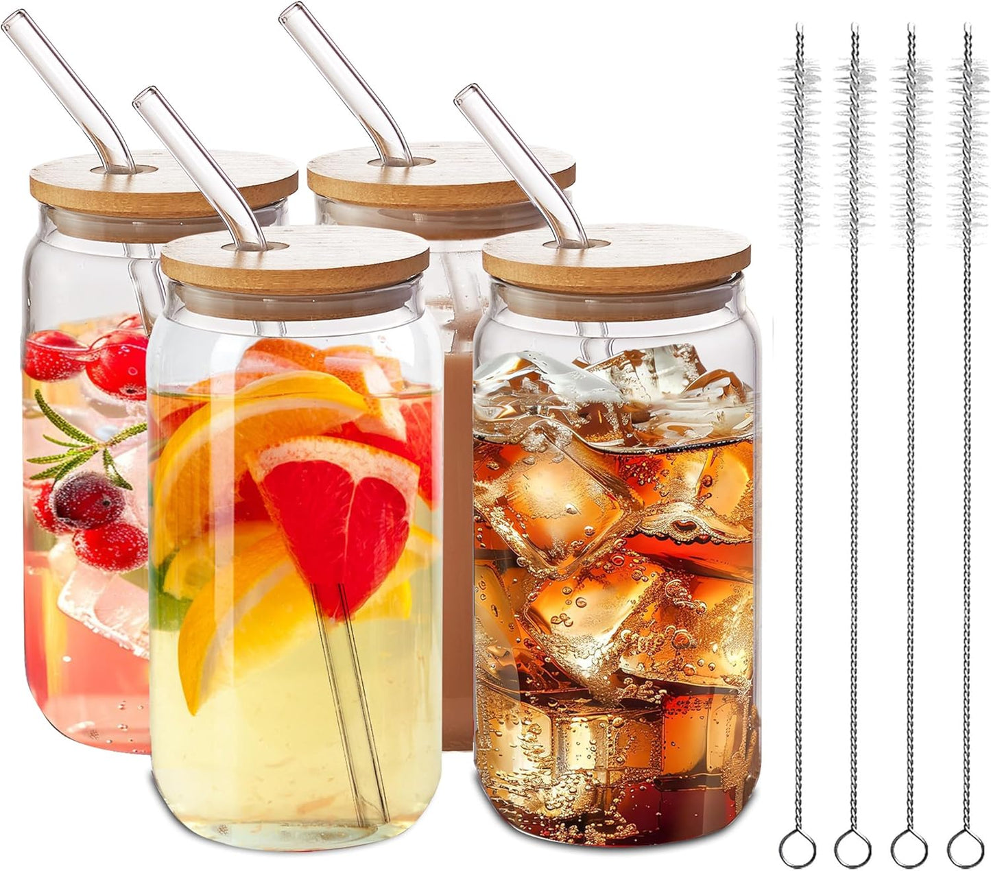 4pcs Set-16oz, Glass Cups with Bamboo Lids and Glass Straw - Beer Can Shaped,CuteTumbler Cup,Soda,deal for Cocktail,Iced Coffee Cups,4 Cleaning Brushes