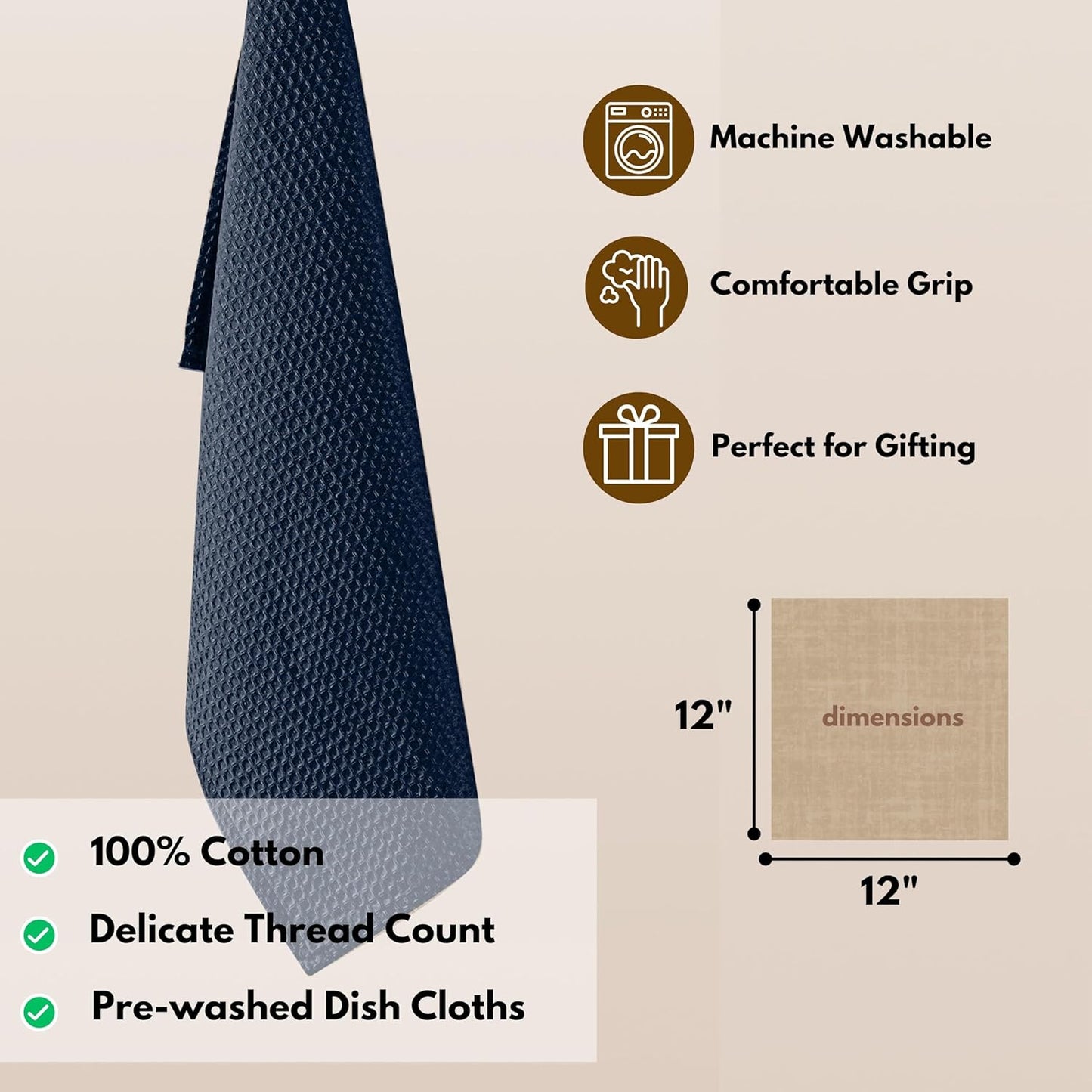 Native Fab 6 Pack Waffle Dish Cloths - 100% Cotton, Absorbent, Quick Drying & Soft Towels for Cleaning, Cooking & Baking - Ideal for Home, Restaurants & Cafes - 12x12 Inches - Navy Blue