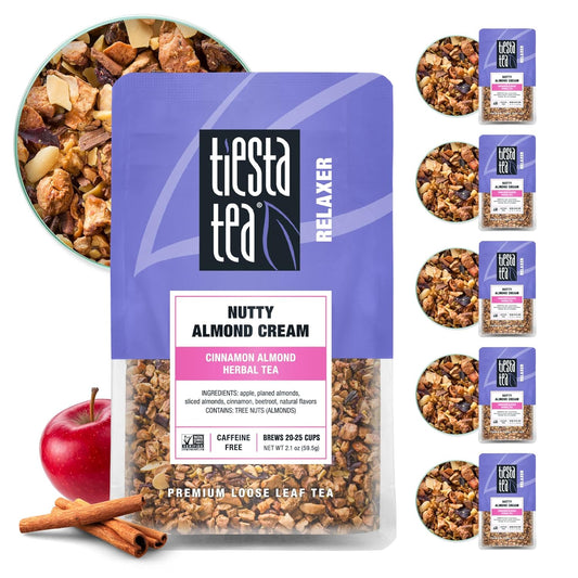 Tiesta Tea - Nutty Almond Cream, Loose Leaf, Cinnamon Almond Herbal Tea, Premium Non-Caffeinated Blend, Make Hot or Iced & Brews Up to 25 Cups, 12.6oz Resealable Pouch, Pack of 6