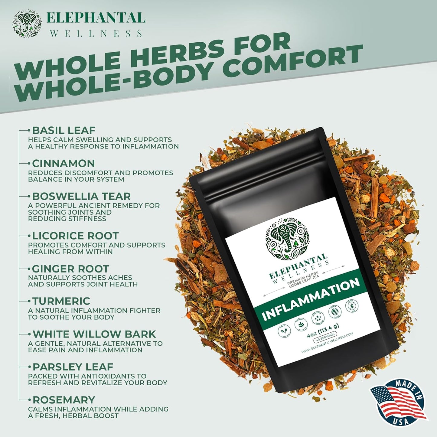 Elephantal Wellness Premium Inflammation Herbal Tea | Comfort & Mobility Blend with Turmeric, Boswellia, White Willow Bark & Ginger | Handmade, Non-GMO, Caffeine-Free Loose Leaf, 4oz, 40 Servings