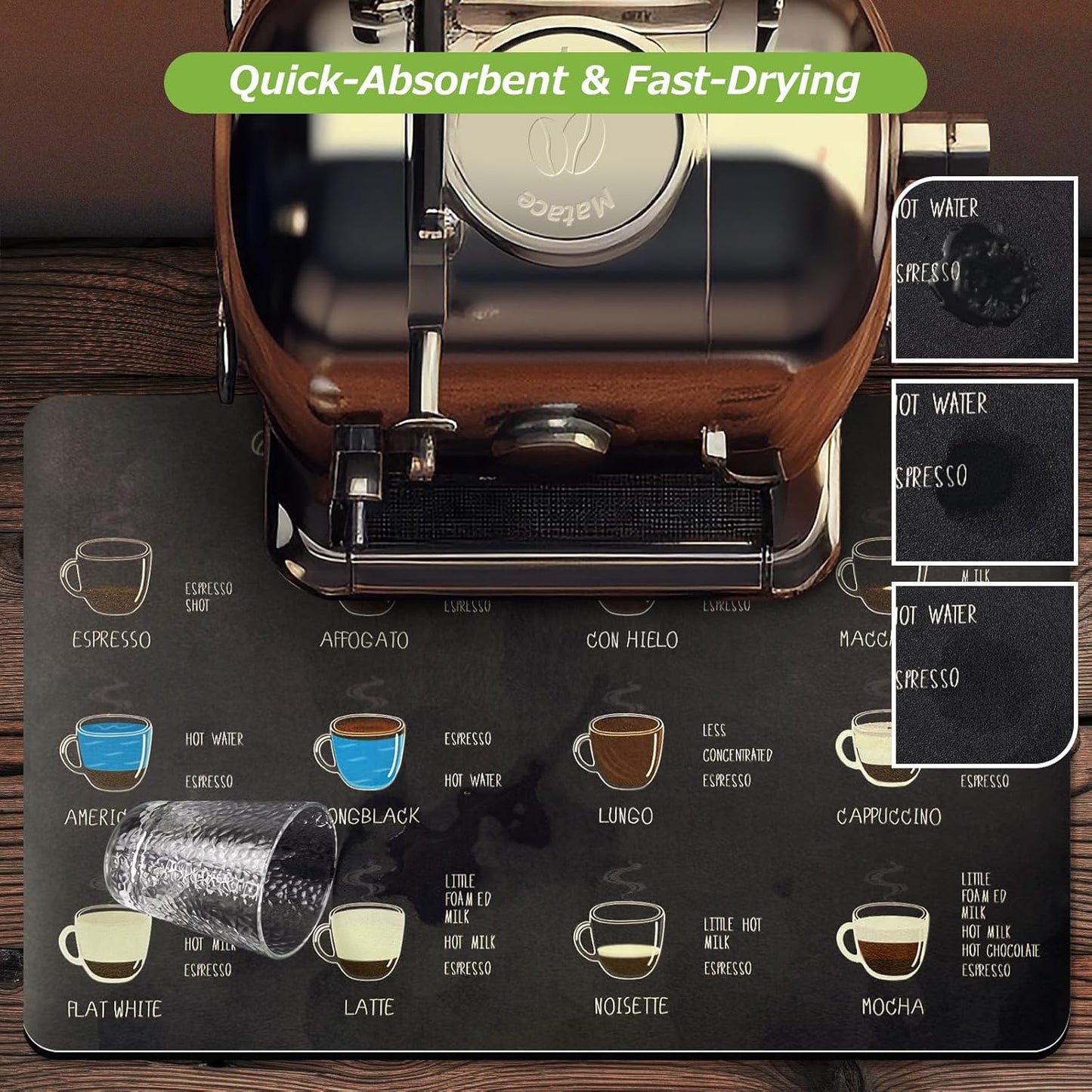 Matace Designer Coffee Bar Mat, Large 16 x 24 Inches, Rubber Backing, Absorbent Dish Drying Mat for Kitchen Countertop, Heat Resistant, Black