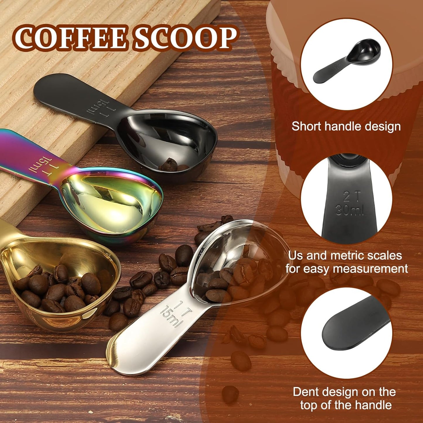 uxcell 2Pcs Stainless Steel Coffee Scoop, 30ml Short Handle Measuring Spoon for Ground Coffee Tea Sugar Kitchen Gifts, Black