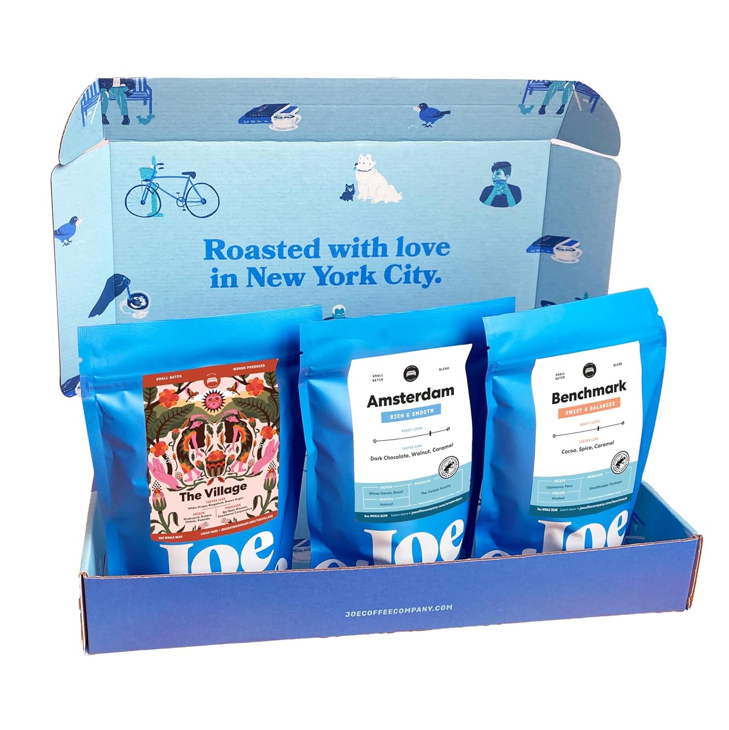 Joe Coffee Company - 6 oz Coffee Gift Box, Includes Village Light Roast, Amsterdam Medium Roast, Benchmark Med/Dark Roast WholeBean | Rainforest Alliance Certified, Kosher, Climate-Friendly, Specialty