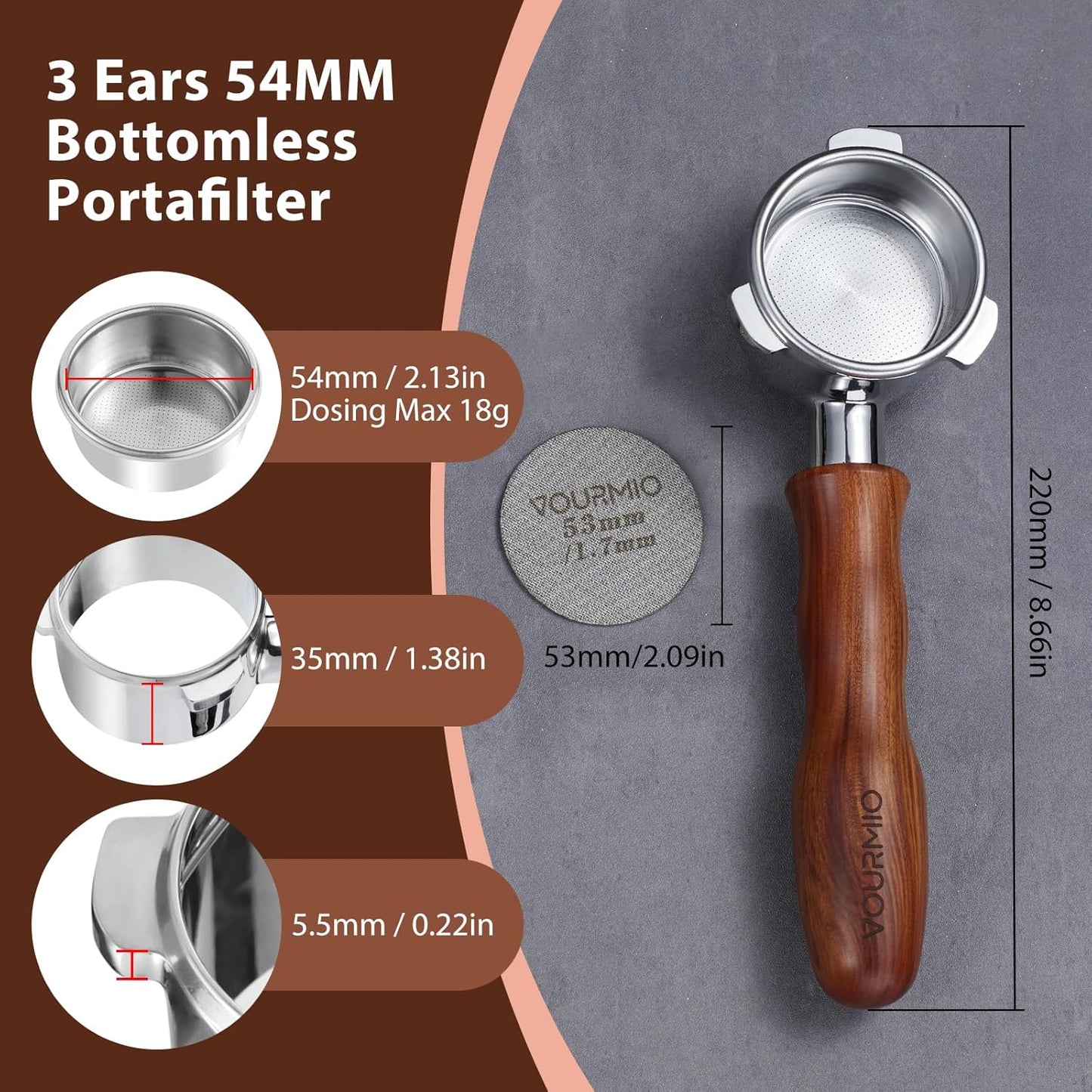 54mm Bottomless Portafilter - Breville Compatible Naked Portafilter, Rosewood Handle & 18-20g Filter Basket & Puck Screen Included, Fits Barista Express, Pro, Touch, Bambino Plus, Infuser