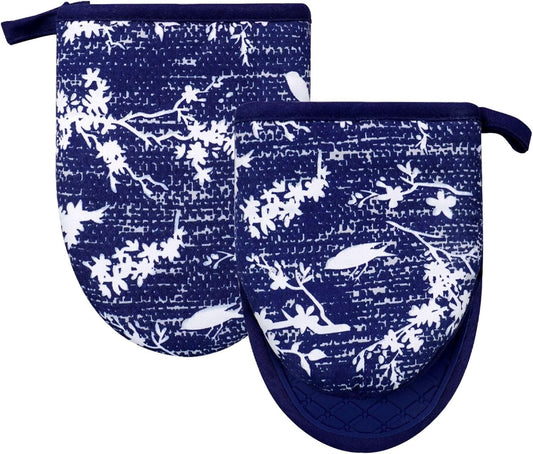 Mini Silicone Oven Mitts, Heat and Slip Resistant Kitchen Gloves 2-Pack Set, Birds Flower Soft Short Oven Mittens, Flexible Thick Pot Holders for Safe Cooking Baking and Grilling (Navy)