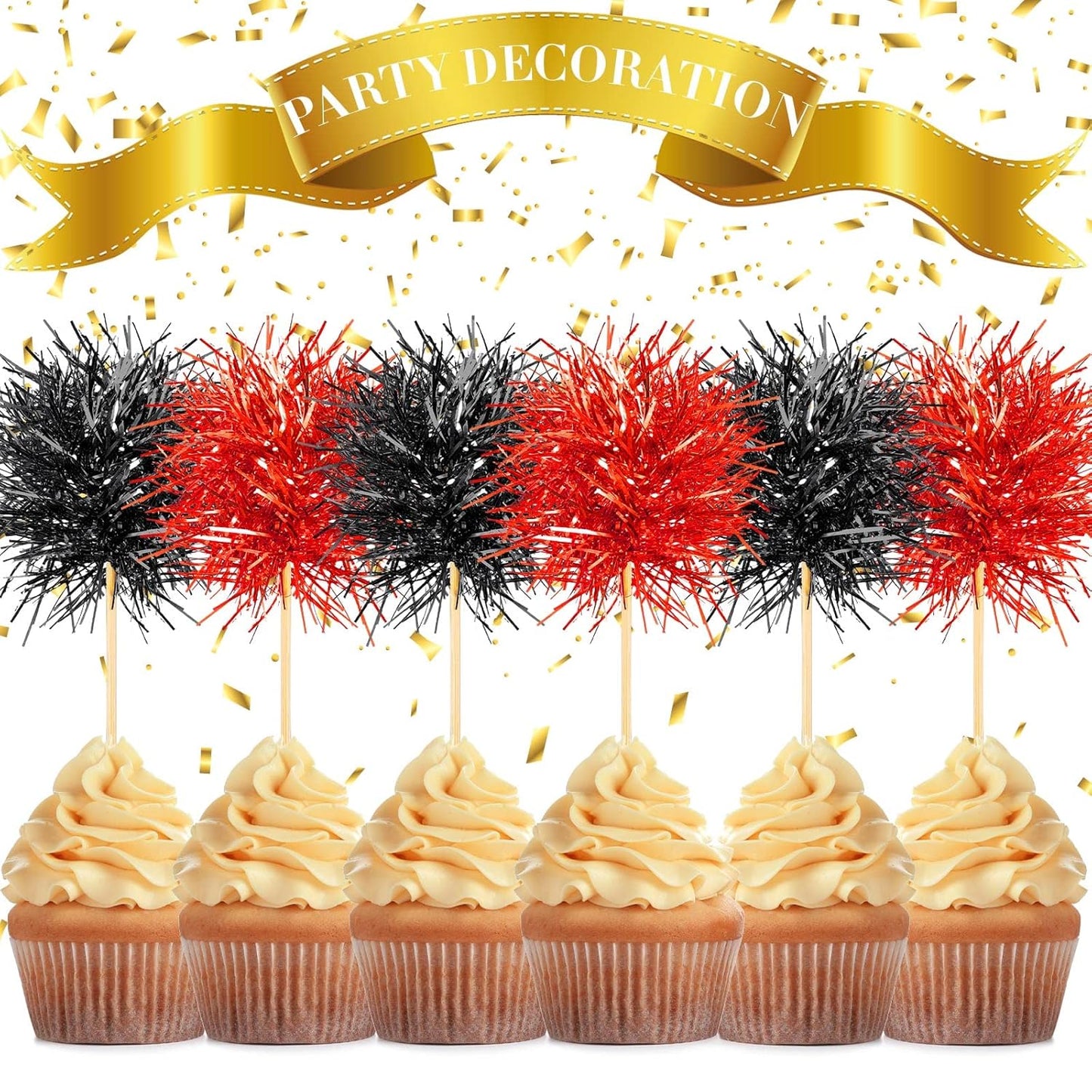 Chinco 100 Pcs Foil Firework Cupcake Toppers Sparkle Tinsel Cake Toppers Cake Decoration Cocktail Fruit Toothpick for Birthday Wedding Graduation Party(Red, Black)