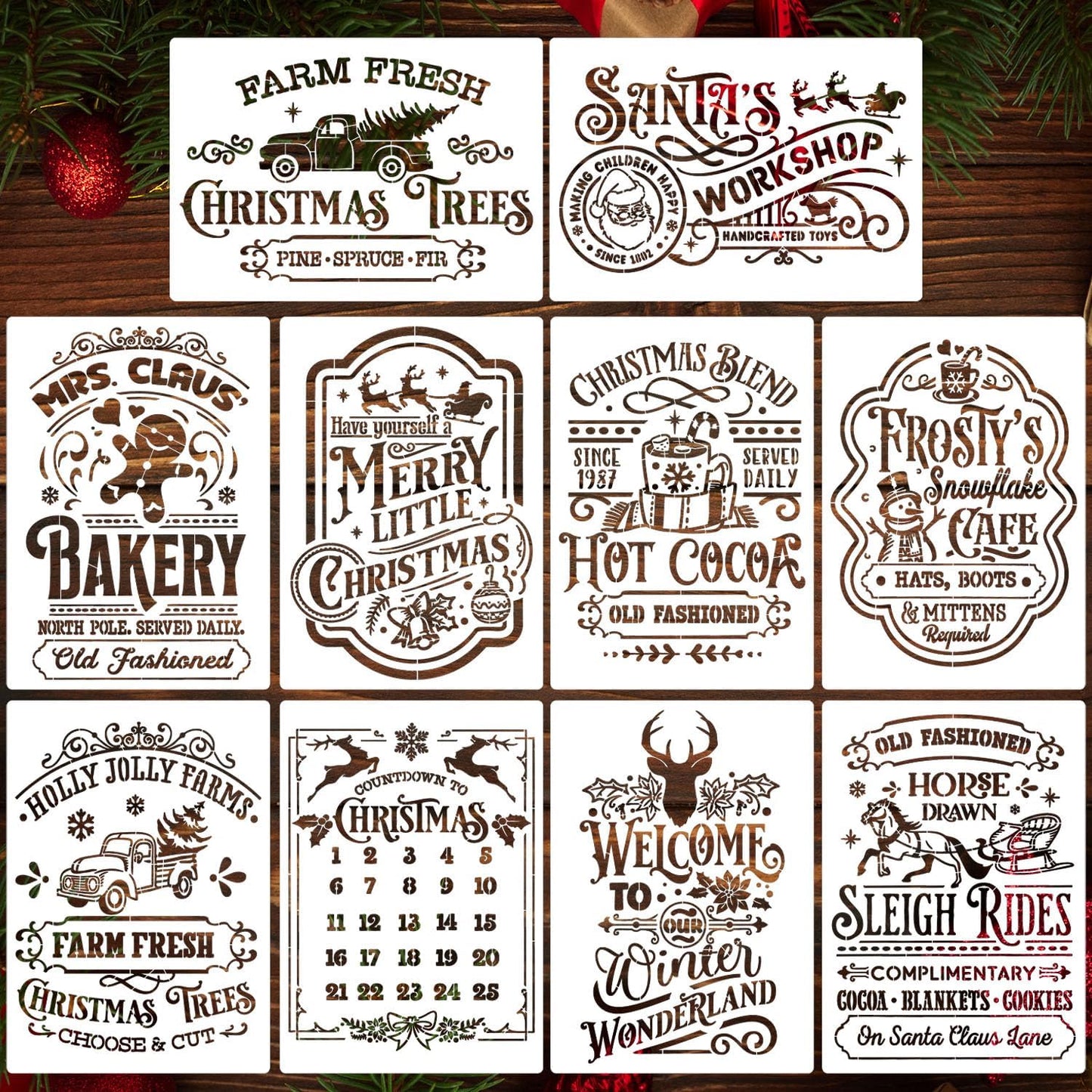 Christmas Stencils for Painting A4 Christmas Stencils for Crafts Reusable Holiday Drawing Templates for Wood Fabrics Door Mat Porch Hanger Winter Decor(XMS Stencil A402/10P)