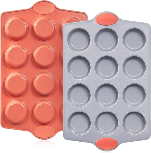 BRONYPRO Ceramic Muffin Pan, 12-Cup Nonstick Aluminized Steel Cupcake Pans, Healthy Non-Toxic Ceramic Coating Muffin tin, 2 Pack Cup Cake Pans for Baking Coral