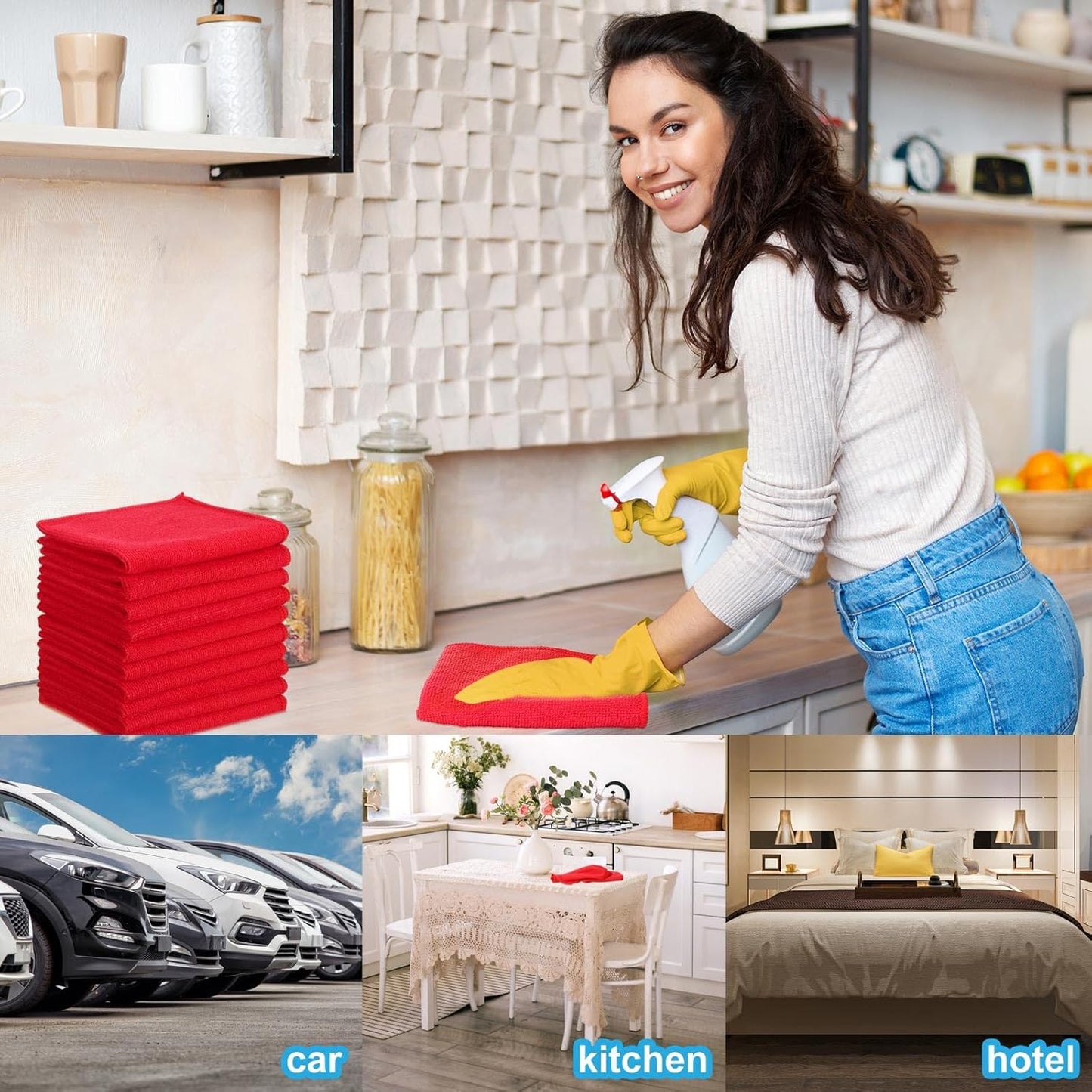 Tenare 100 Pack 12'' x 12'' Microfiber Cleaning Cloths Reusable Cleaning Rags Bulk Microfiber Towels Softer Highly Absorbent Washcloths for House Kitchen Car Window(Red)