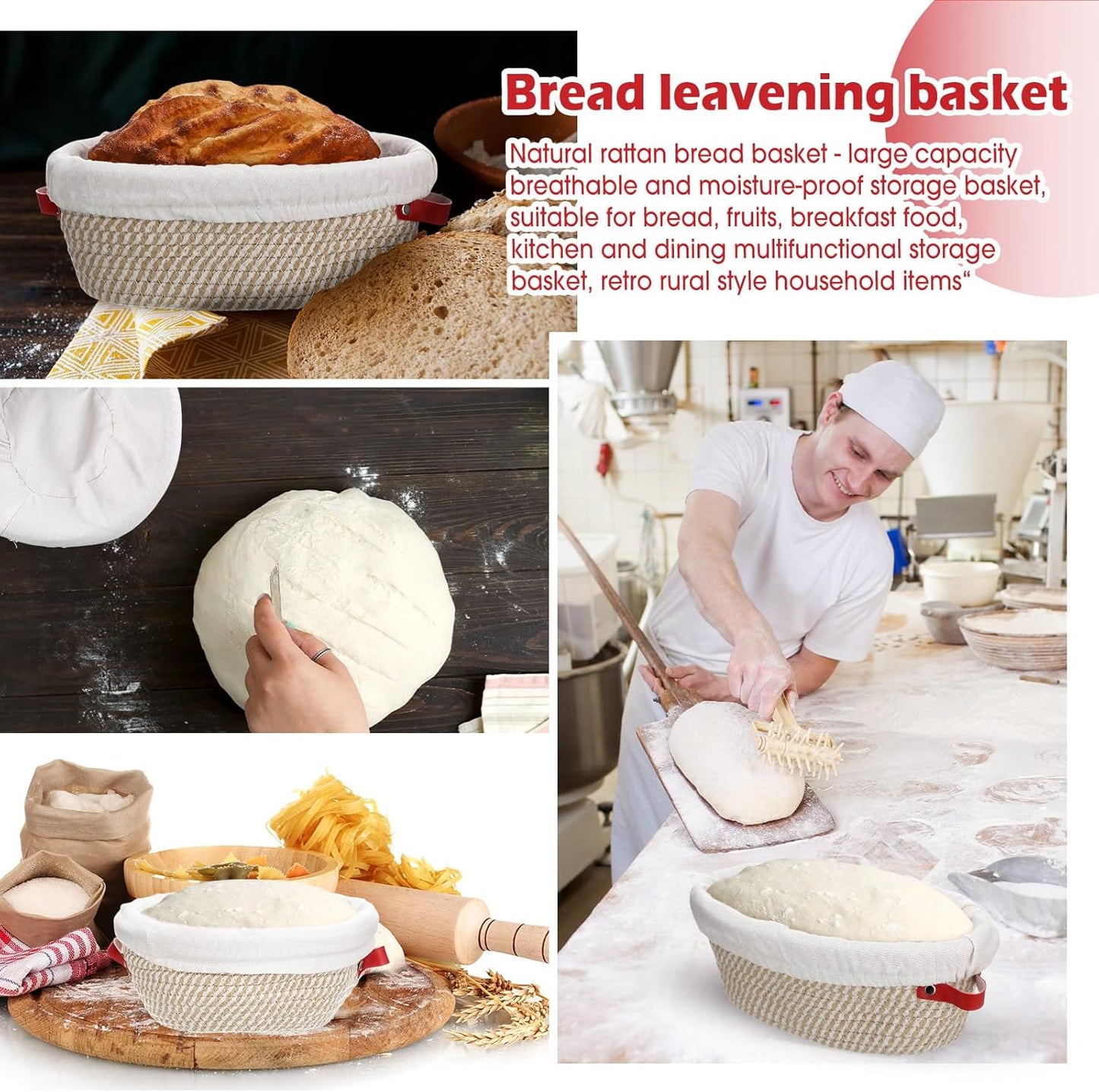 Gejoy 6 Set Cotton Rope Banneton Bread Proofing Basket with Cloth Liner and Plastic Scraper Banneton Dough Sourdough Proofing Bowls Kit for Home Sourdough Bakers (Round, Oval, 9'', 10'')
