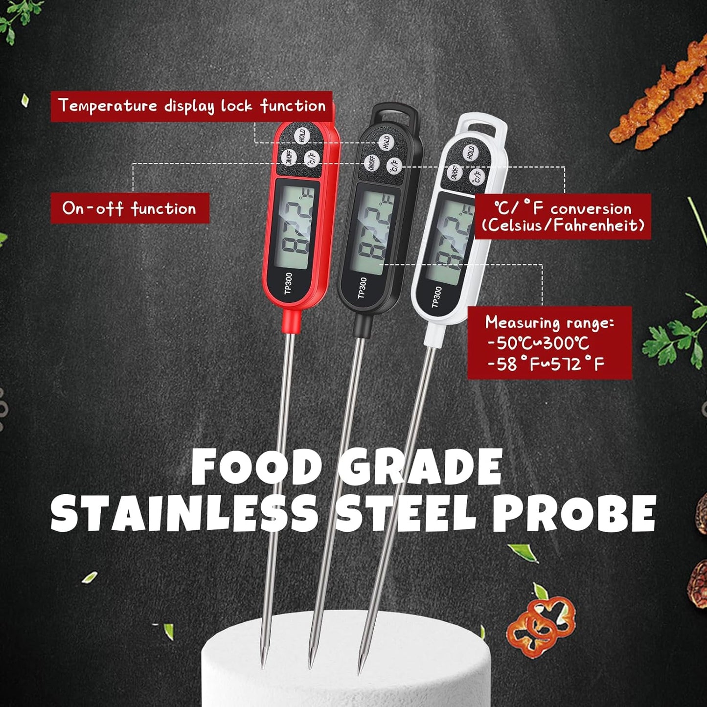 6 Pcs Meat Food Thermometer Food with Probe Water Liquid Instant Read Digital Thermometer Kitchen Cooking Supplies for Cooking BBQ Milk Yogurt (Black,White,Red)