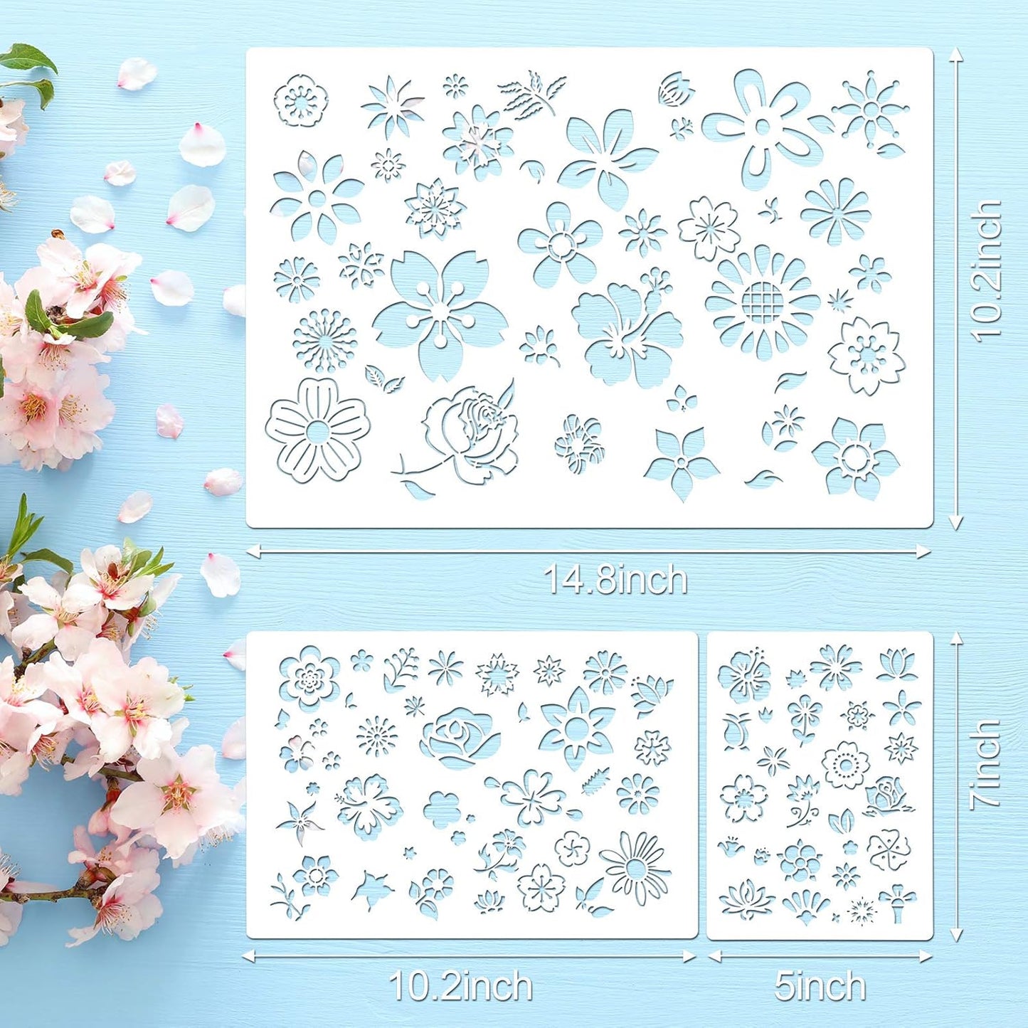 Zonon 3 Pieces Stencil Template Painting Stencil Spring Summer Template Reusable Drawing Set for Daily DIY Art Notebook Wedding Card Scrapbook Home Decor 3 Sizes(Flower Style)