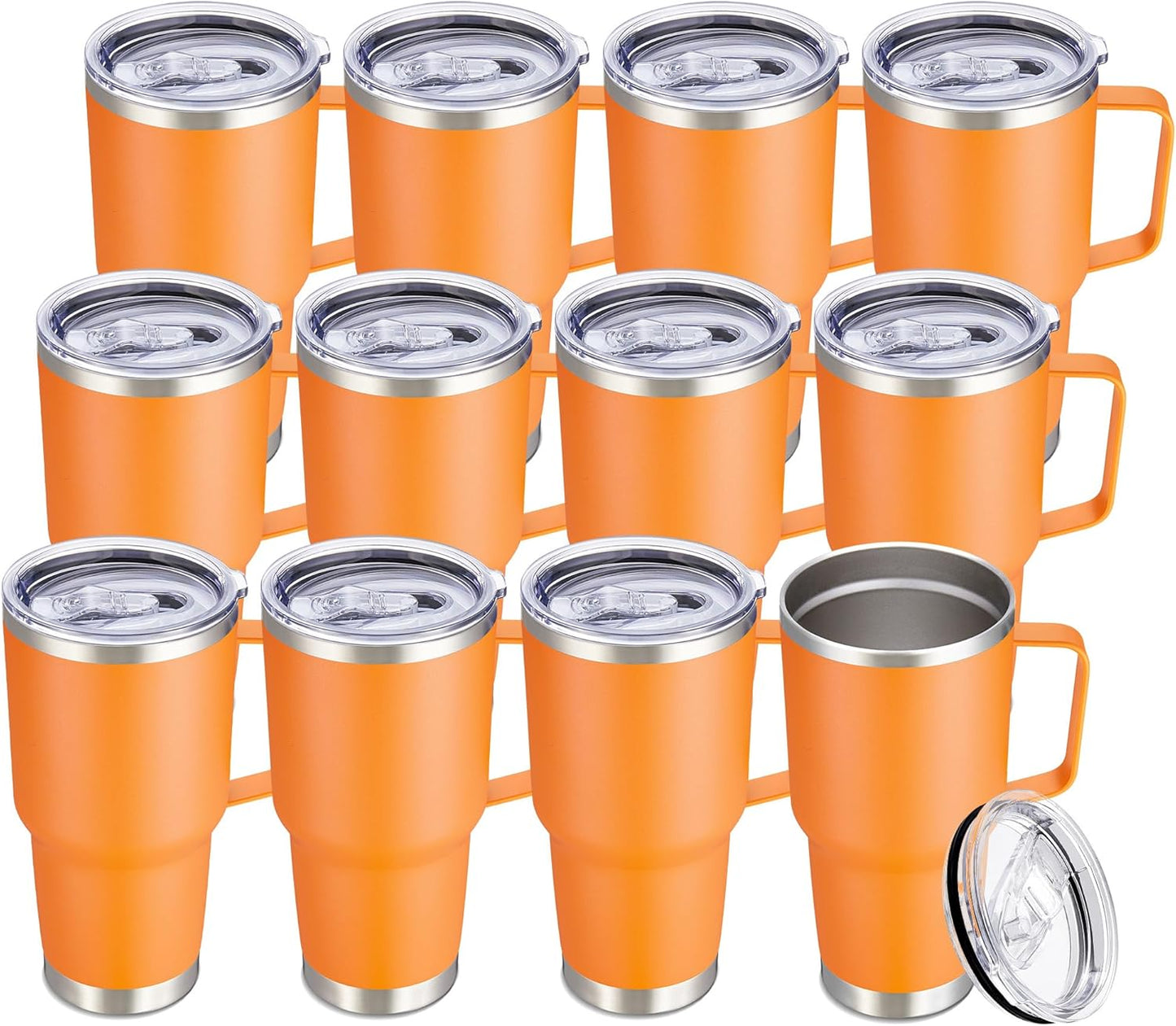 30 oz Tumbler with Handle and Lid, Stainless Steel Tumblers Bulk Double Wall Vacuum Insulated Travel Mug Leak Proof Cup Keep Drinks Cold and Hot Orange, 12 Pack