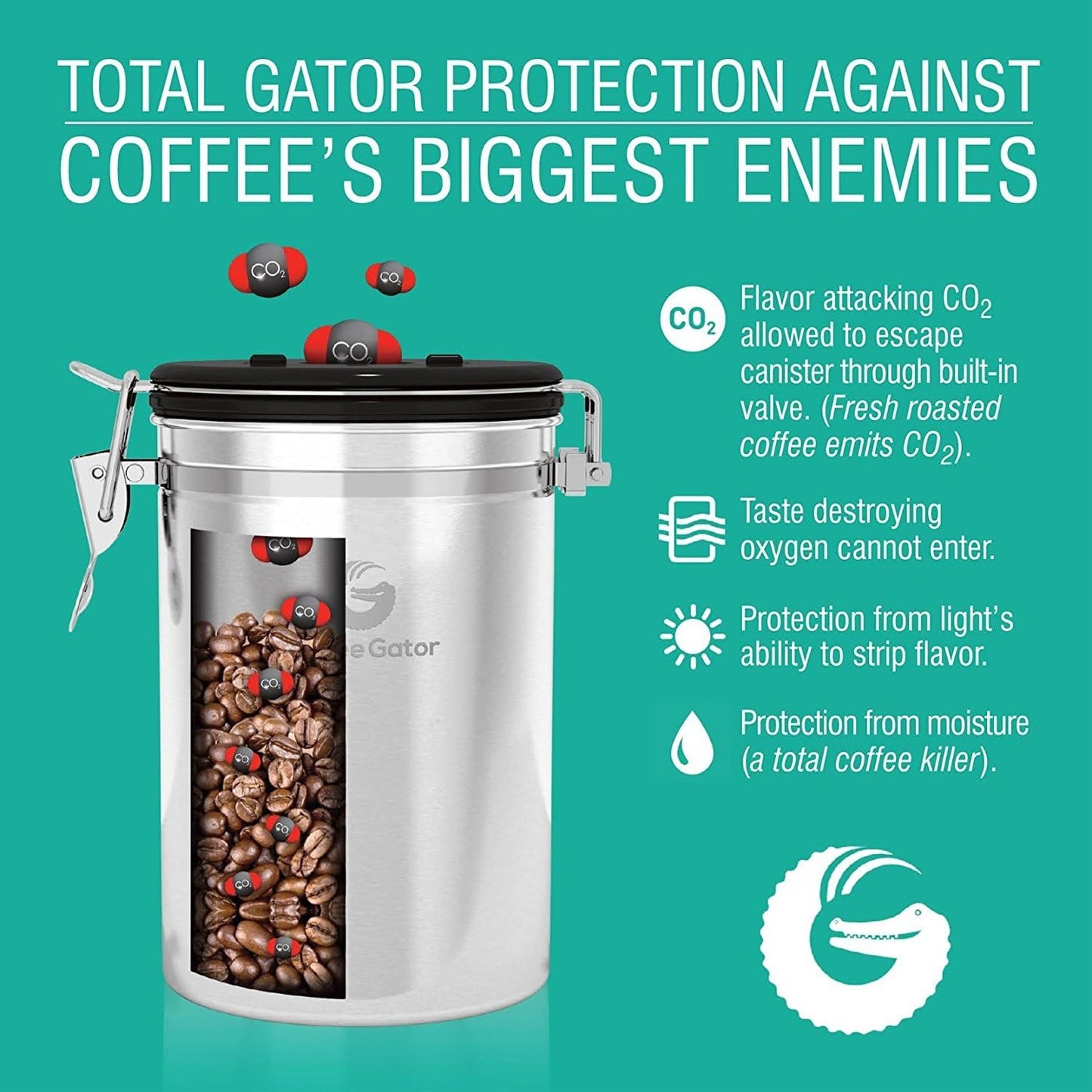 Coffee Gator Coffee Canister, 22oz Airtight Stainless Steel Kitchen Food Storage Container with Date Tracker, Scoop for Sugar, Grounds Coffee, Beans, Tea, Sugar, Cereal, Flour, Cookies Jars - Orange