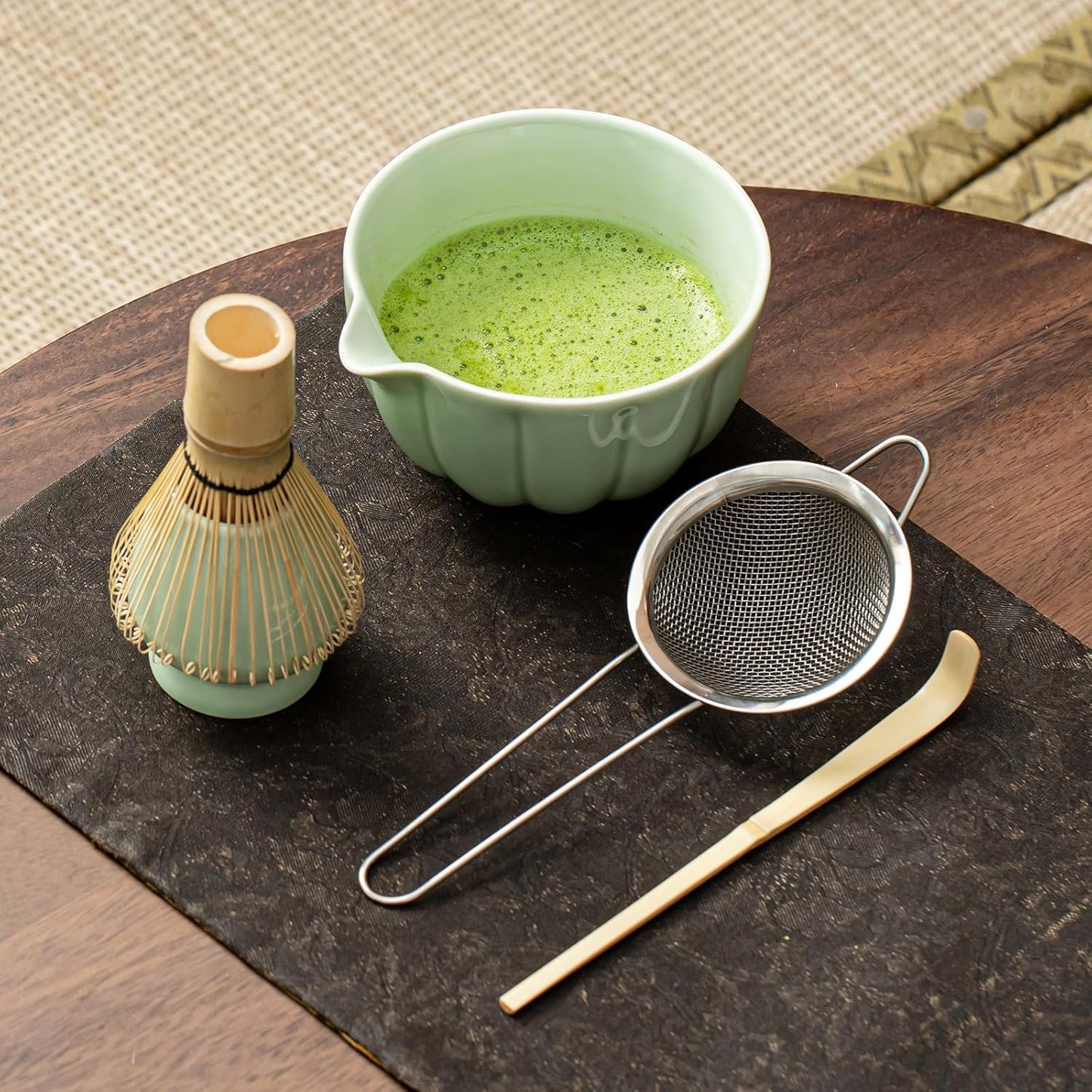 Matcha Whisk Set, Matcha Bowl with Spout, Matcha Whisk, Chasen Holder, Sifter, Bamboo Scoop - 5 Pcs Perfect Matcha Making Kit for Matcha Lover and Tea Ceremony (Emerald Green)