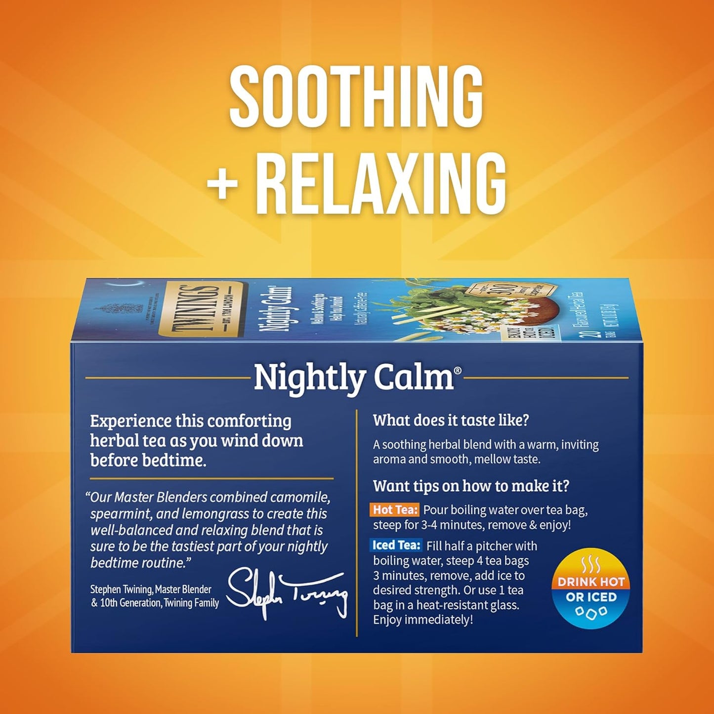 Twinings Nightly Calm Herbal Tea Individually Wrapped Bags, 20 Count (Pack of 6), Spearmint & Lemongrass, Naturally Caffeine-Free, Enjoy Hot or Iced, 120 Teabags