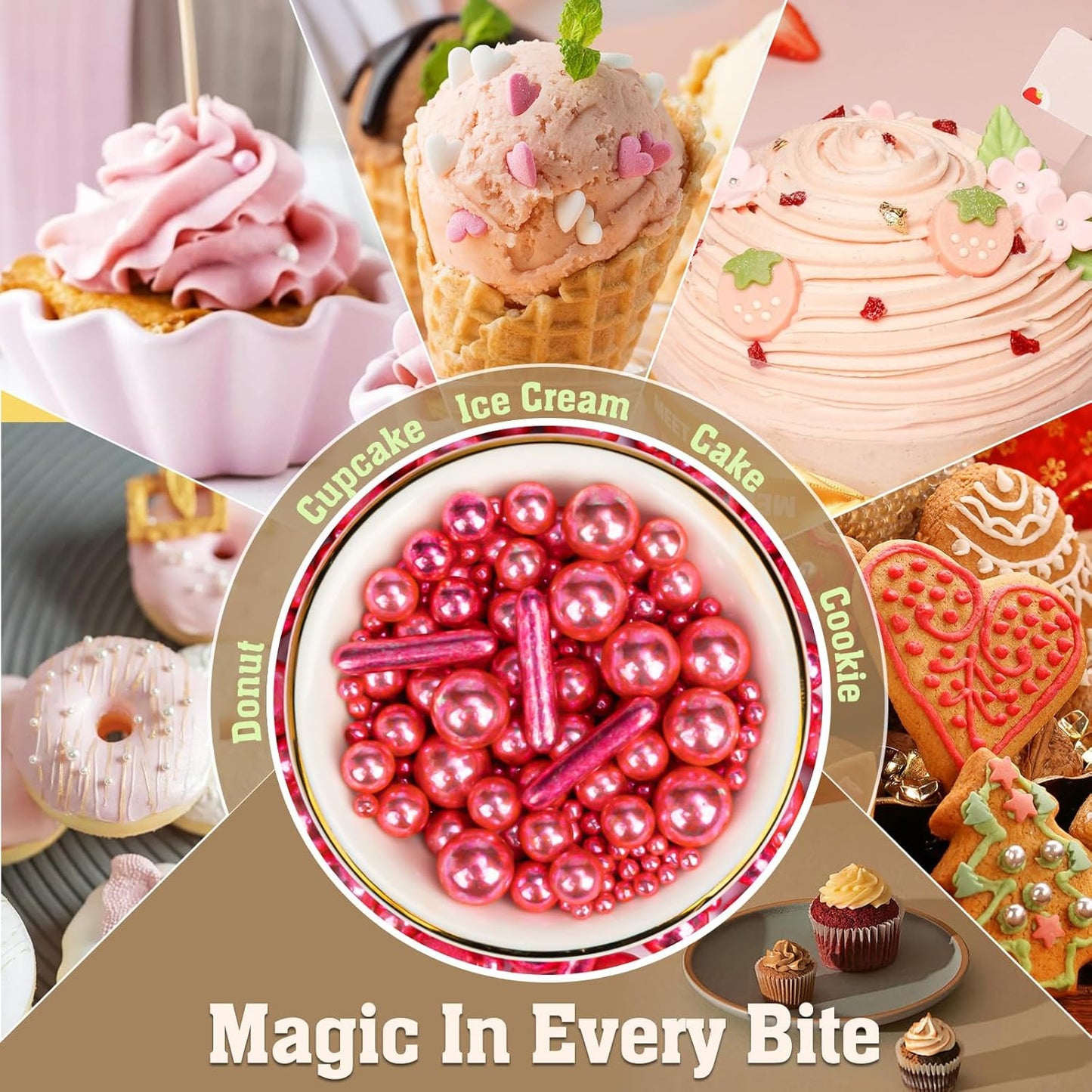 Twisweet Rose Gold Pearl Rods Sprinkles, Edible Sugar Pearls for Cake Decorating, Mix Size Baking Candy, Cake Topper Cupcake Cookie Ice Cream Dessert Decorations, Valentine Mother's Day Birthday Wedding Party Supplies(130g/4.58oz)