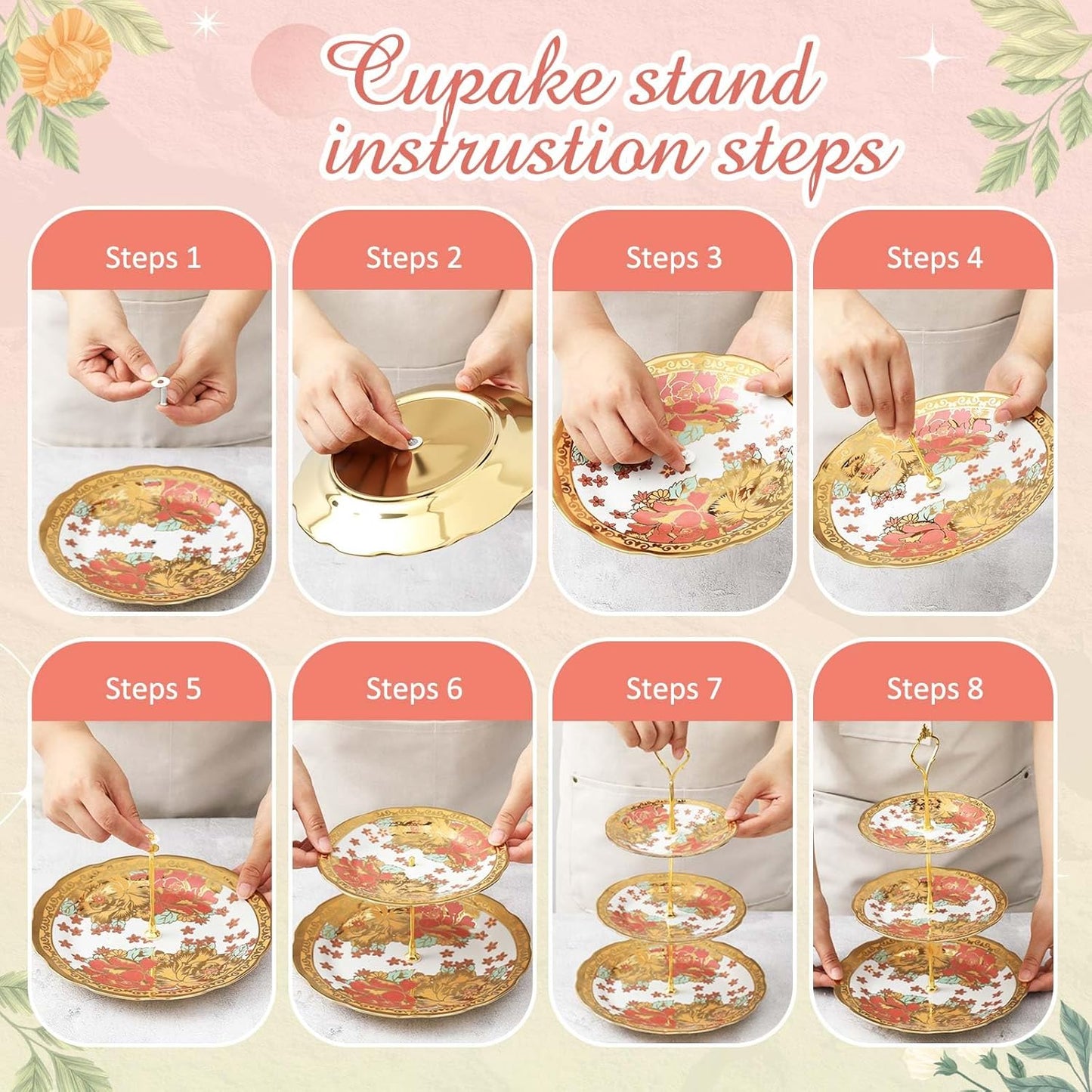 Maxcheck 21 Pcs Tea Party Set for Adults European Floral Tea Set with Metal Holder and 3 Tier Ceramic Cake Stand Porcelain Flower Cup Teapot for Dessert Cupcake(Fresh Style)