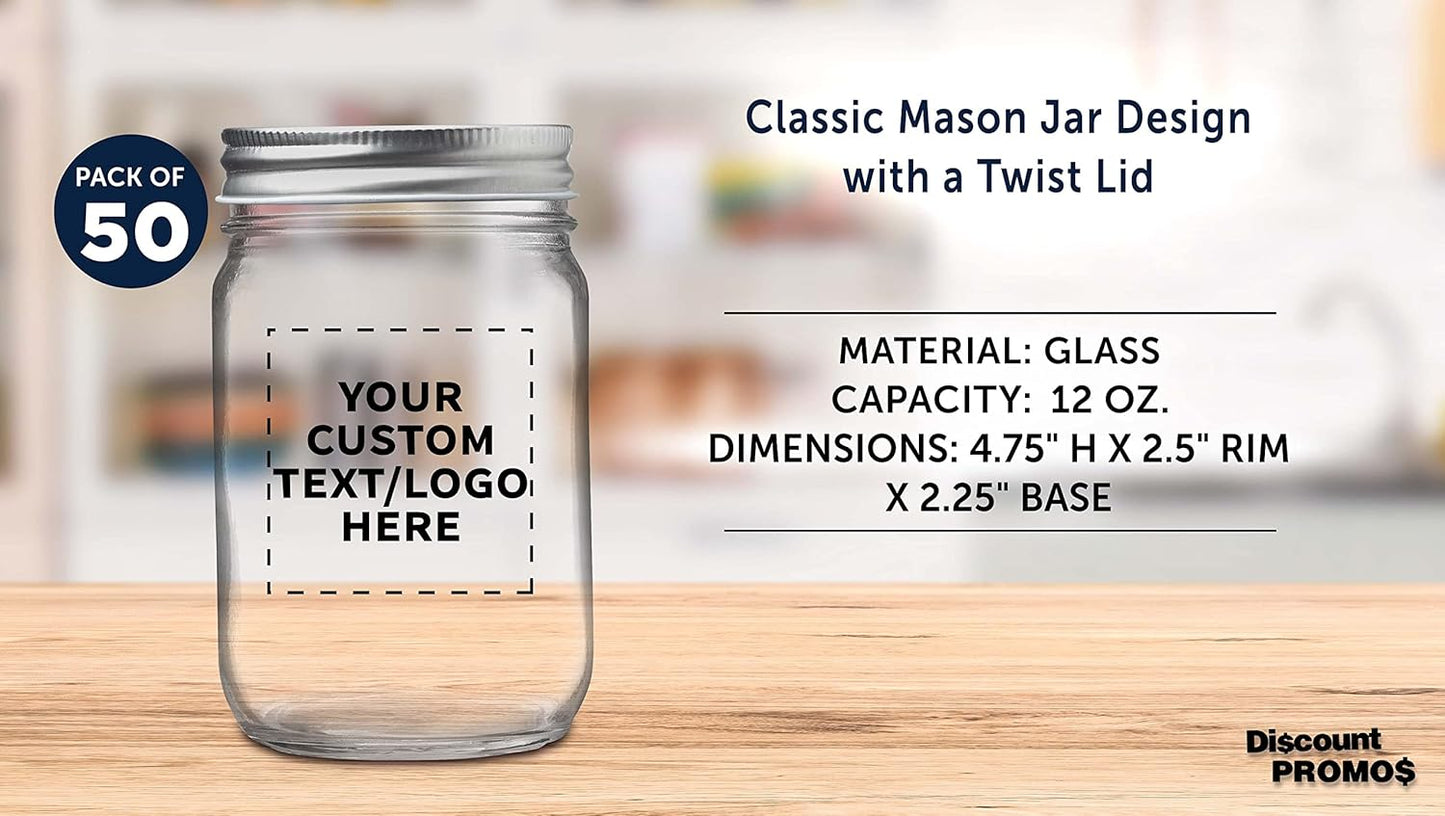 DISCOUNT PROMOS 50 Decorating Mason Jars Set, 12 oz. - Customizable Text, Logo - Canning, Aluminum Lid - Clear