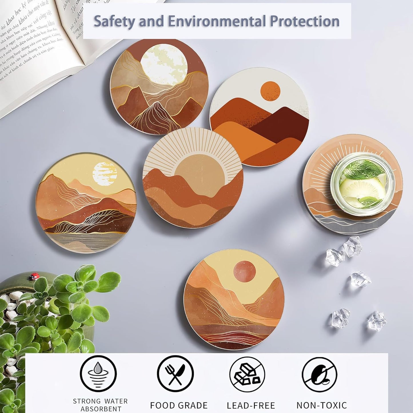 6 Pcs Coasters for Drinks with Holder, Boho Mountain Sun Absorbent Ceramic Coasters with Cork Base,Cute Funny Table Drinks Coasters Tabletop Protection Mat,Table Home Decor,4 Inches