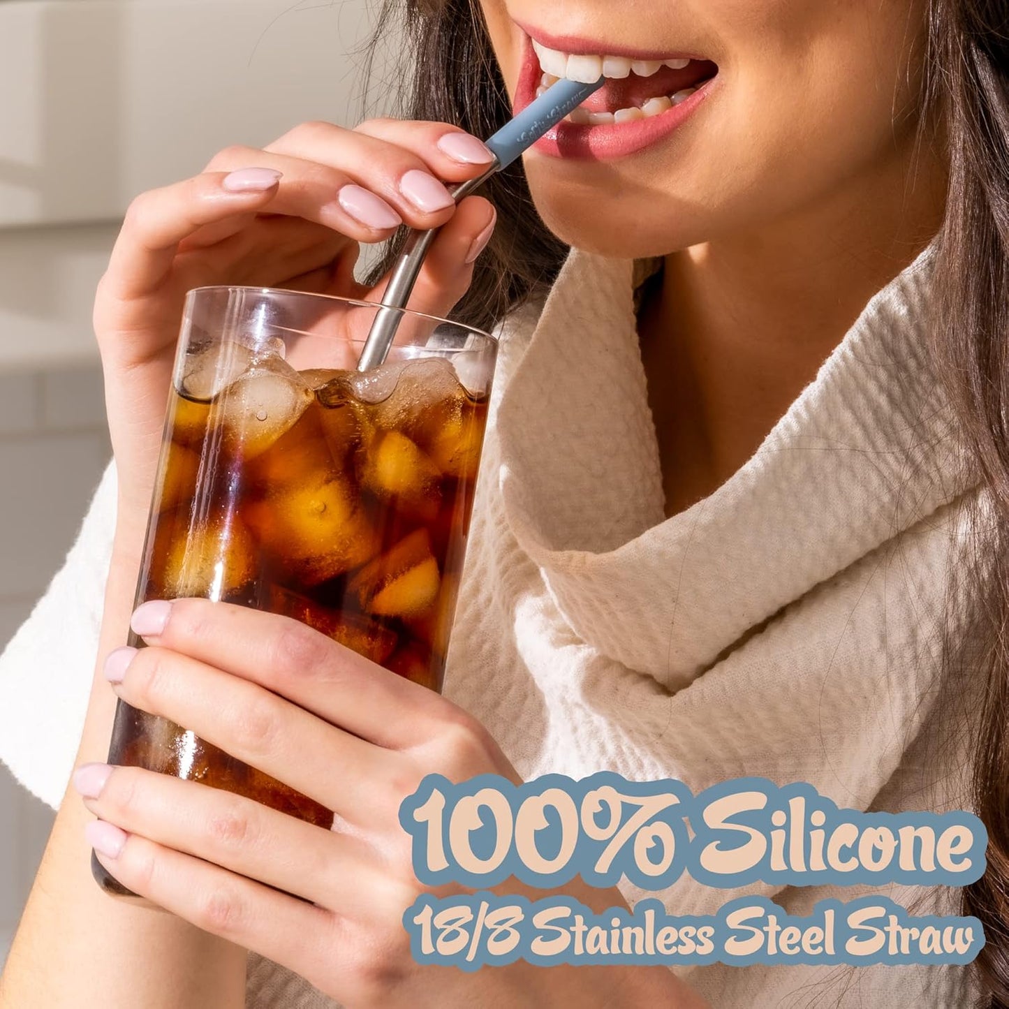 Premium Reusable Stainless Steel Drinking Straws With Silicone Tips + Patented Straw Cleaners and Carrying Case - 9” Long Metal With Curved Bend for 20/30/32oz Tumblers - Natural Colors