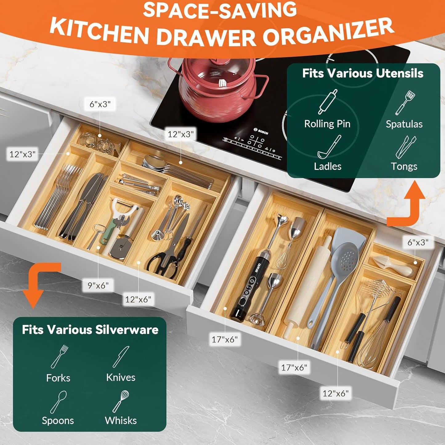 Bamboo Kitchen Drawer Organizer, Stackable Utensil Holder Silverware Organizer Cutlery Tray - 2PCS Organizer Bins for Makeup Jewelries Flatware in Bathroom, Office Desk, Cabinets, 15x6x2 inch