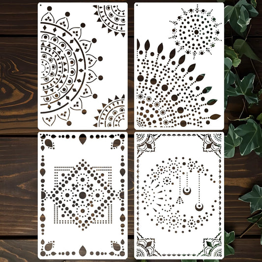 A4 Mandala 4 Pack 11x8'' Mandala Stencils for Painting on Wood, Floor, Wall, Tile Fabric, Reusable Furniture Stencils Painting Template