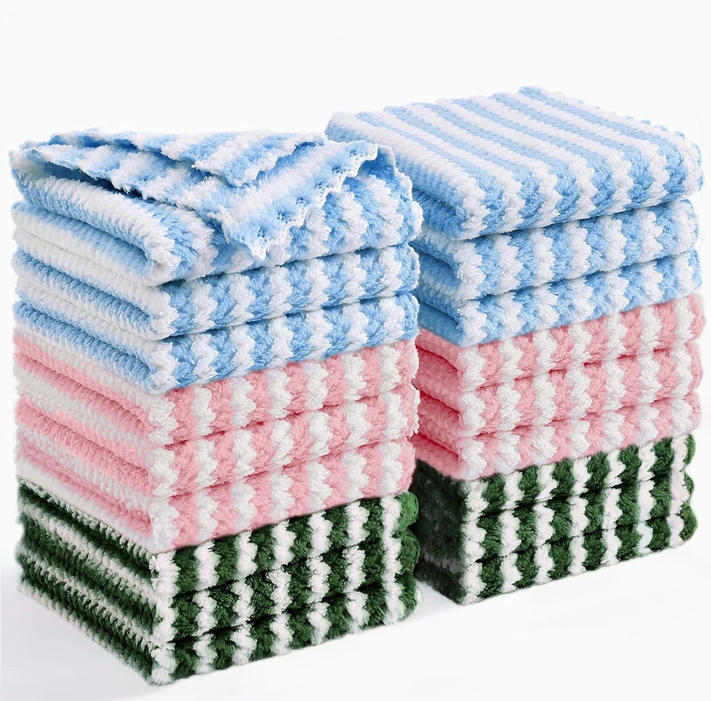 Homaxy 18 Pack Kitchen Dish Cloths, Ultra Soft and Absorbent Dish Towels, Reusable Fast Drying Microfiber Cleaning Cloth, Coral Velvet Wave Design No-lint, 10 x 10 inches, Blue/Pink/Grass Green