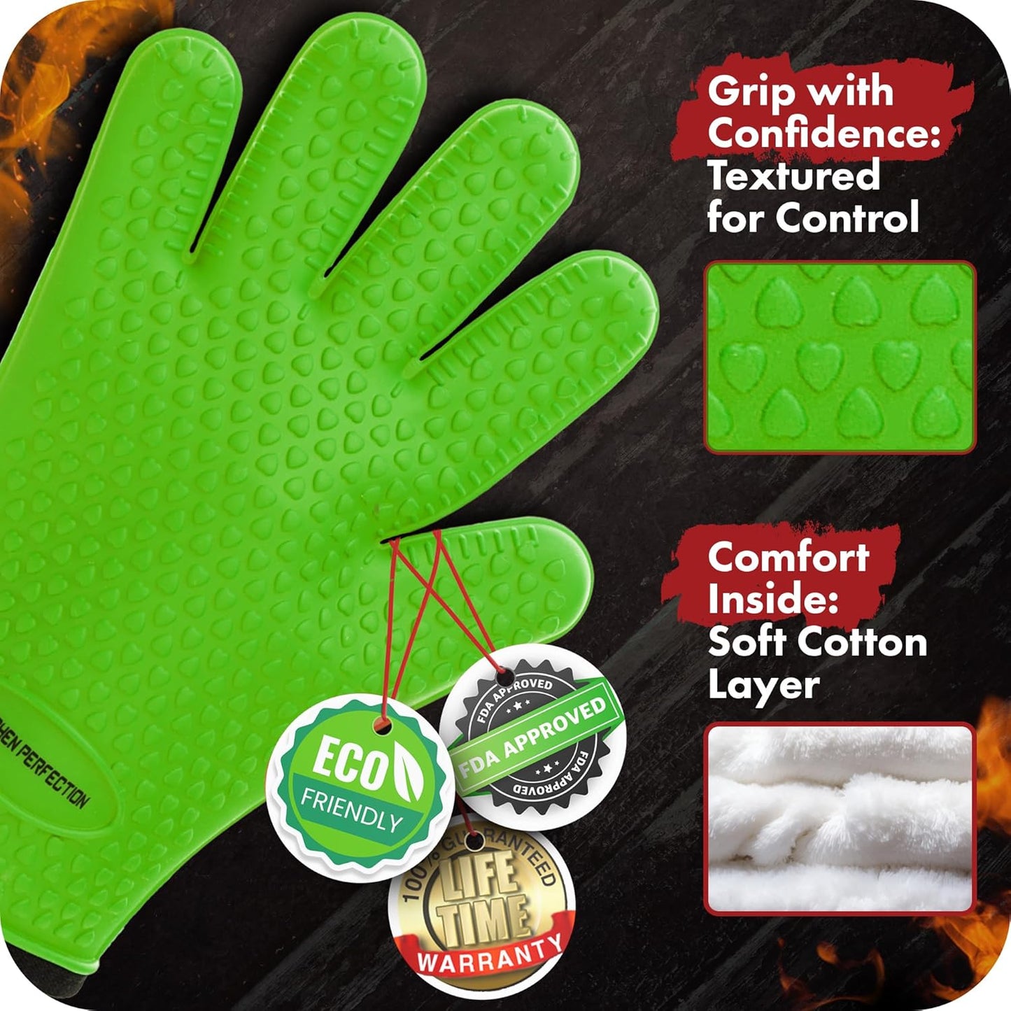 KITCHEN PERFECTION XL Silicone Smoker Oven Gloves-Extreme Heat Resistant BBQ Gloves-Handle Hot Food Right on Your Grill Fryer&Pit|Waterproof Grilling Cooking Baking Mitts|Superior Value Set+3 Bonuses