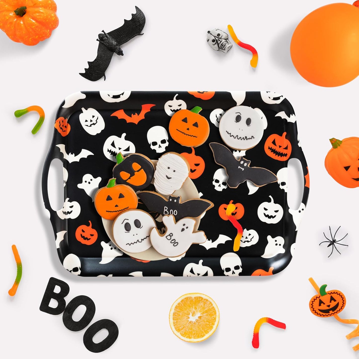 Oasis Choice 2-Pack Halloween Bamboo Fiber Serving Trays - 18x13 Inch Large Platters w/Handles for Horror Party, Birthday,BBQ, Buffet - Pumpkin, Bat & Skeleton Decor (Spooky Black, 18inch)