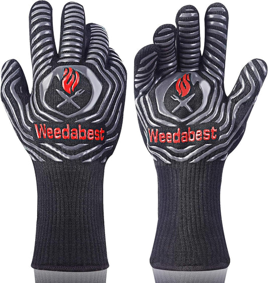 WEEDABEST Hot BBQ Gloves Heat Resistant Kitchen Oven Mitts Professional Long Heat Resistant Cooking Gloves for Grill,Grilling,Smoker,Barbeque,13.5 inch-Gray