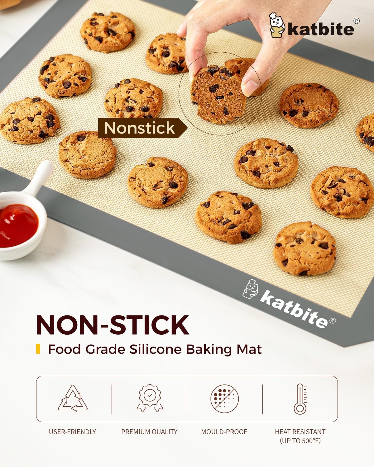 Silicone Baking Mat, Katbite Large Baking Mat Set of 3-2 Half Sheets Mats (11 5/8" x 16 1/2") + 1 Quarter Baking Sheets, Reusable & Nonstick Bakeware Mats for Cookies, Macarons, Bread and Pastry