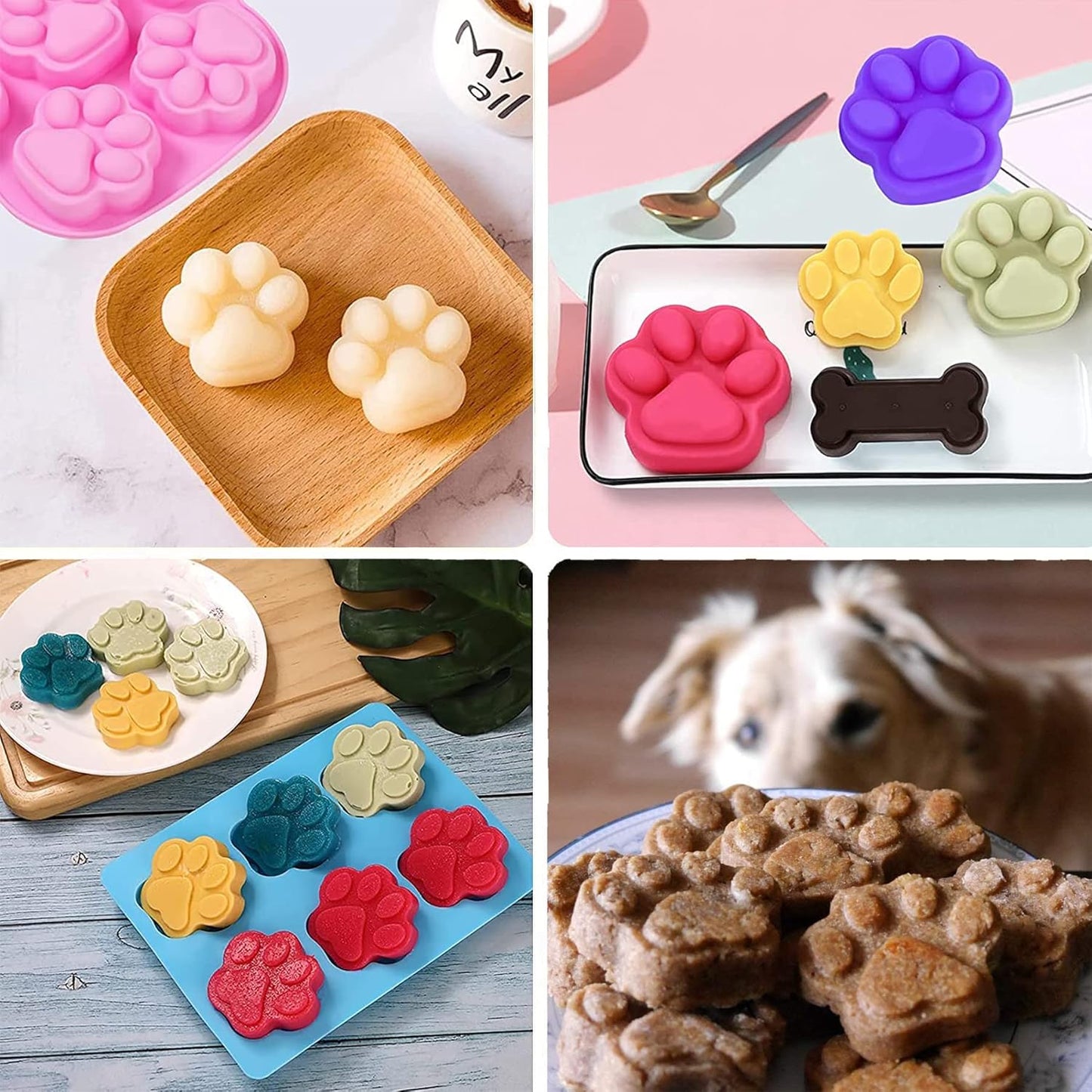 Puppy Dog Paw Silicone Molds,Non-Stick Food Grade Silicone Molds for Chocolate, Candy, Jelly, Ice Cube, Dog Treats Baking Mould(Set of 4PCS) (Blue Pink Purplish Red)