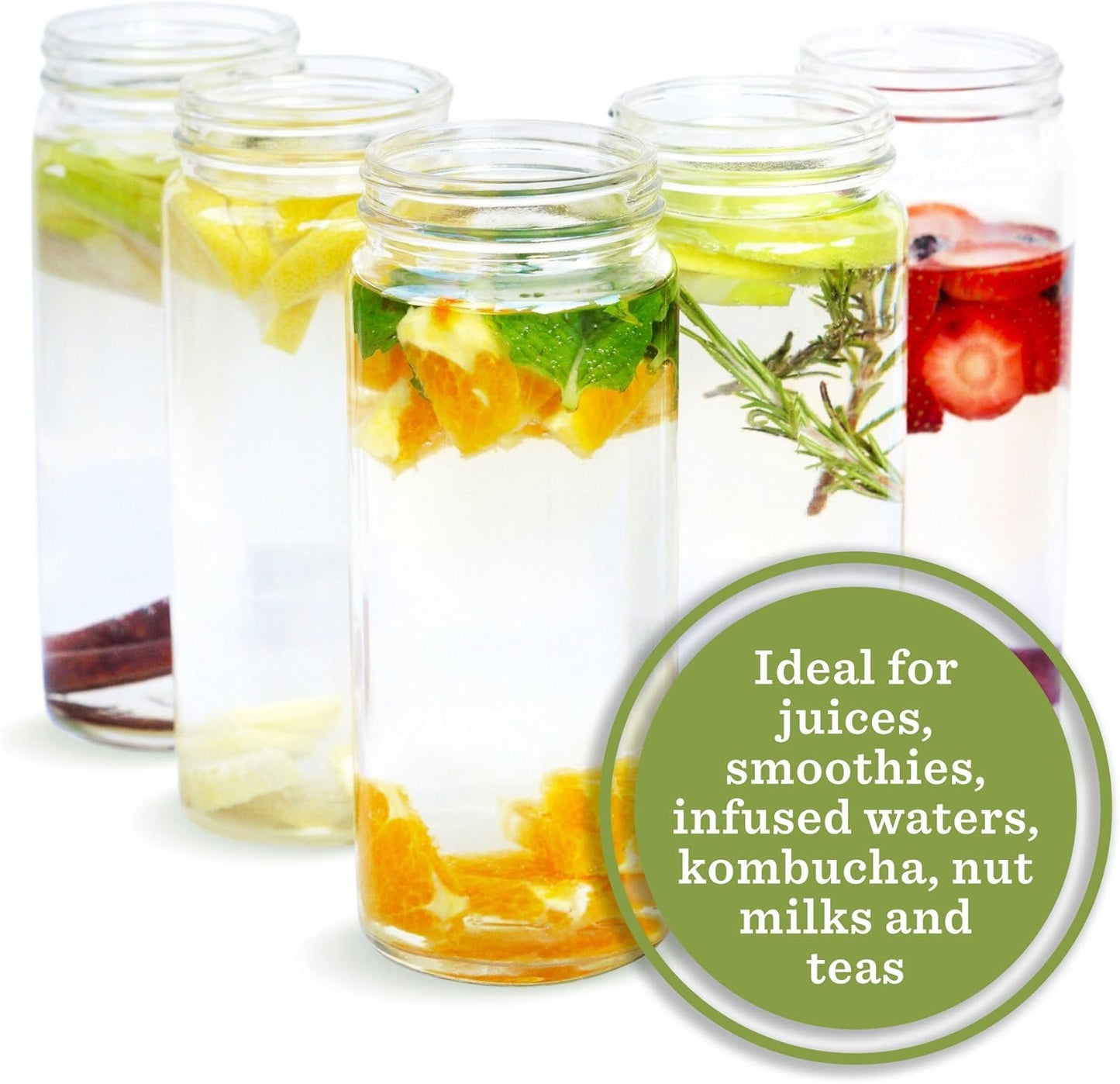 All About Juicing Clear Glass Water Bottles Set - 6 Pack Wide Mouth with Lids for Juice, Smoothies, Beverage Storage - 16 oz, Durable, Reusable, Dishwasher Safe, Leak Proof (White Caps)