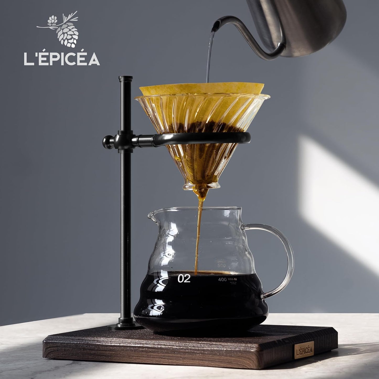 L'ÉPICÉA Pour Over Coffee Maker Set, Pour Over Coffee Maker with Stand, Adjustable Stainless Steel Stand, Wooden Base, Paper Filters, Cone Glass Carafe, Pour Over Coffee Dripper (Black)