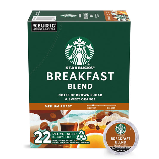 Starbucks K-Cup Coffee Pods, Medium Roast Coffee, Breakfast Blend for Keurig Coffee Makers, 100% Arabica, 1 box (22 pods)