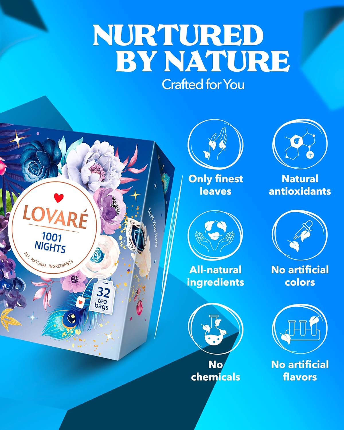 LOVARE 1001 Nights Tea Bags 64 g - Made in Ukraine - Classic Black and Sencha Green Flavored Tea Blend - Tea Bags Individually Wrapped - Gift Box Sets for Tea Lovers (32 Tea Bags x 2 g Each)