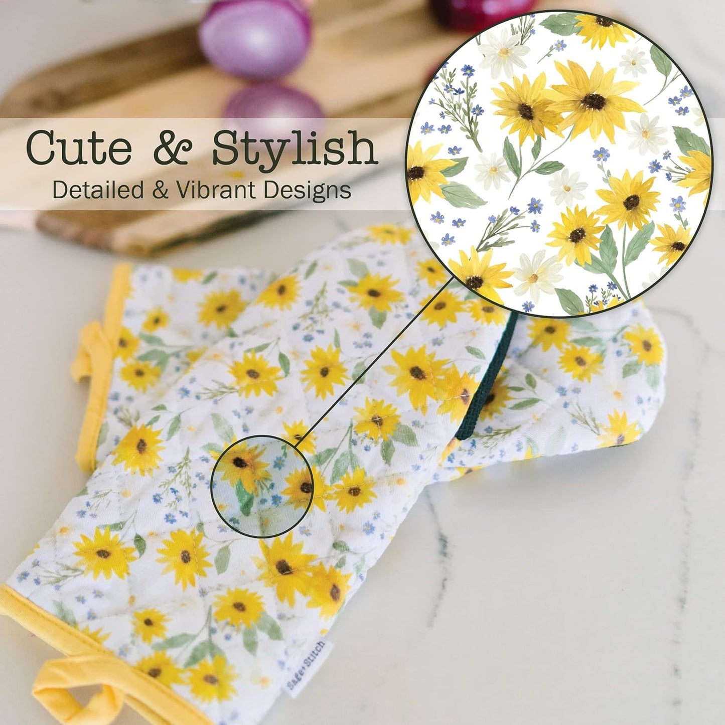 Heat Resistant Designer Kitchen Oven Mitts with Neoprene Non-Slip Grips and Hanging Loops | Set of 2 100% Cotton Long Sleeve Kitchen Oven Mitts | 5.5" x 12" | Sun Flowers