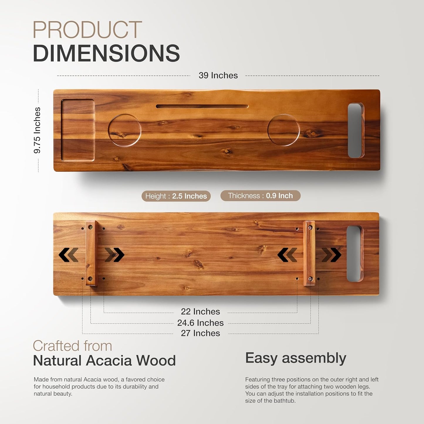 Tinamo Acacia Bathtub Caddy Tray Table | 39 x 9.75 x 2.5 Inch Large Bath Tub Tray Wooden | Anti-Tipping, Sustainable Tub Tray for Bathtub | Bathtub Accessories Holders for Bathtub (Acacia, 39x9.75)
